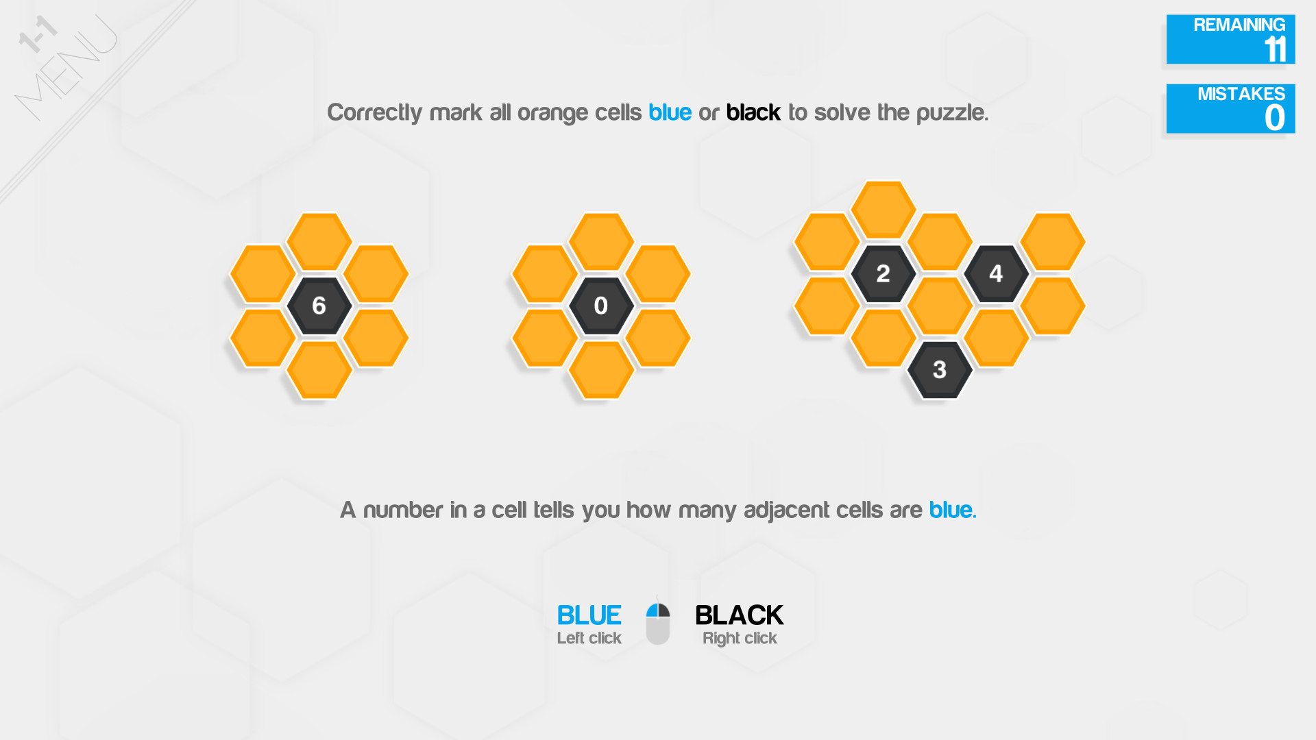 Hexcells Infinite：三个分离六角蜂窝小格簇有中央数字线索，保留各格簇尺寸与六边形相邻关系。
