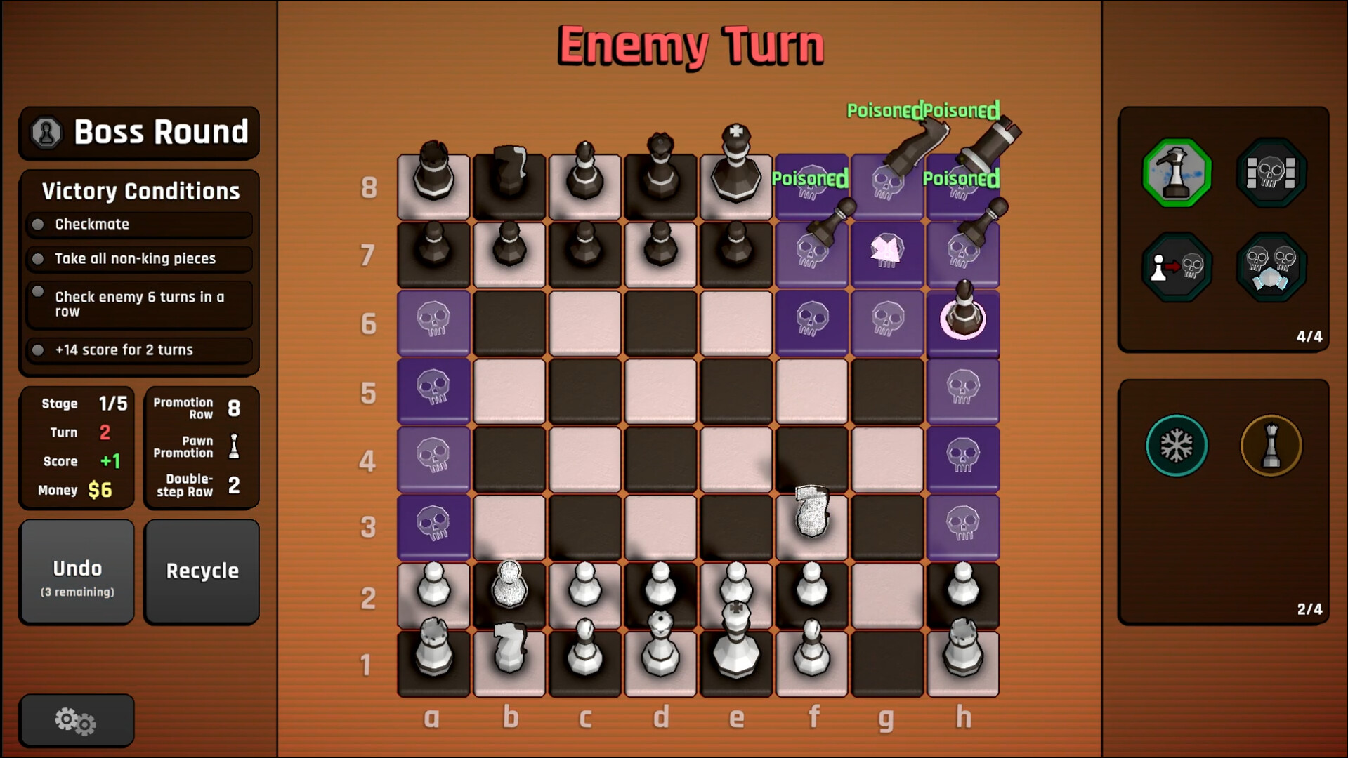 Passant: A Chess Roguelike：8×8国际象棋盘出现带紫色效果的区域，旁边保留本局胜利条件与道具。