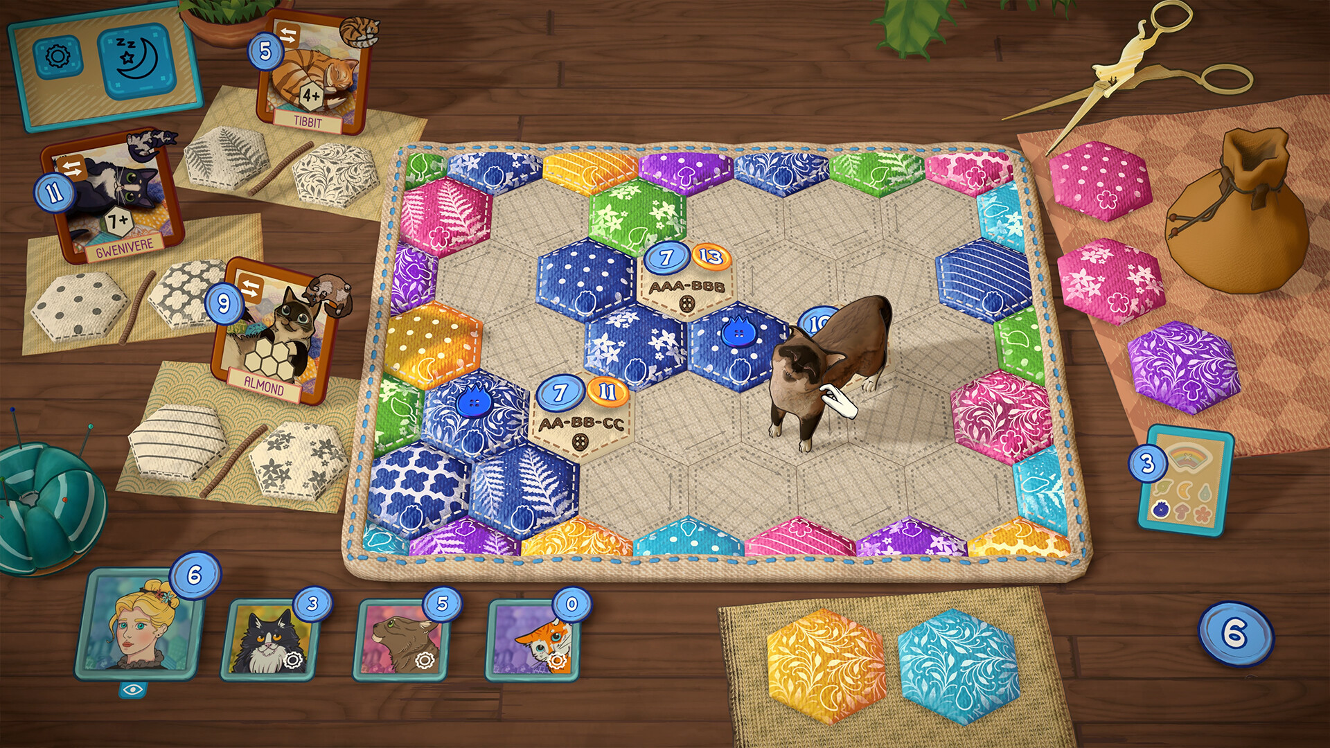 Quilts and Cats of Calico：六角布片棋盘按颜色图案相邻匹配，保留图案类别、目标分数牌与猫咪奖励。