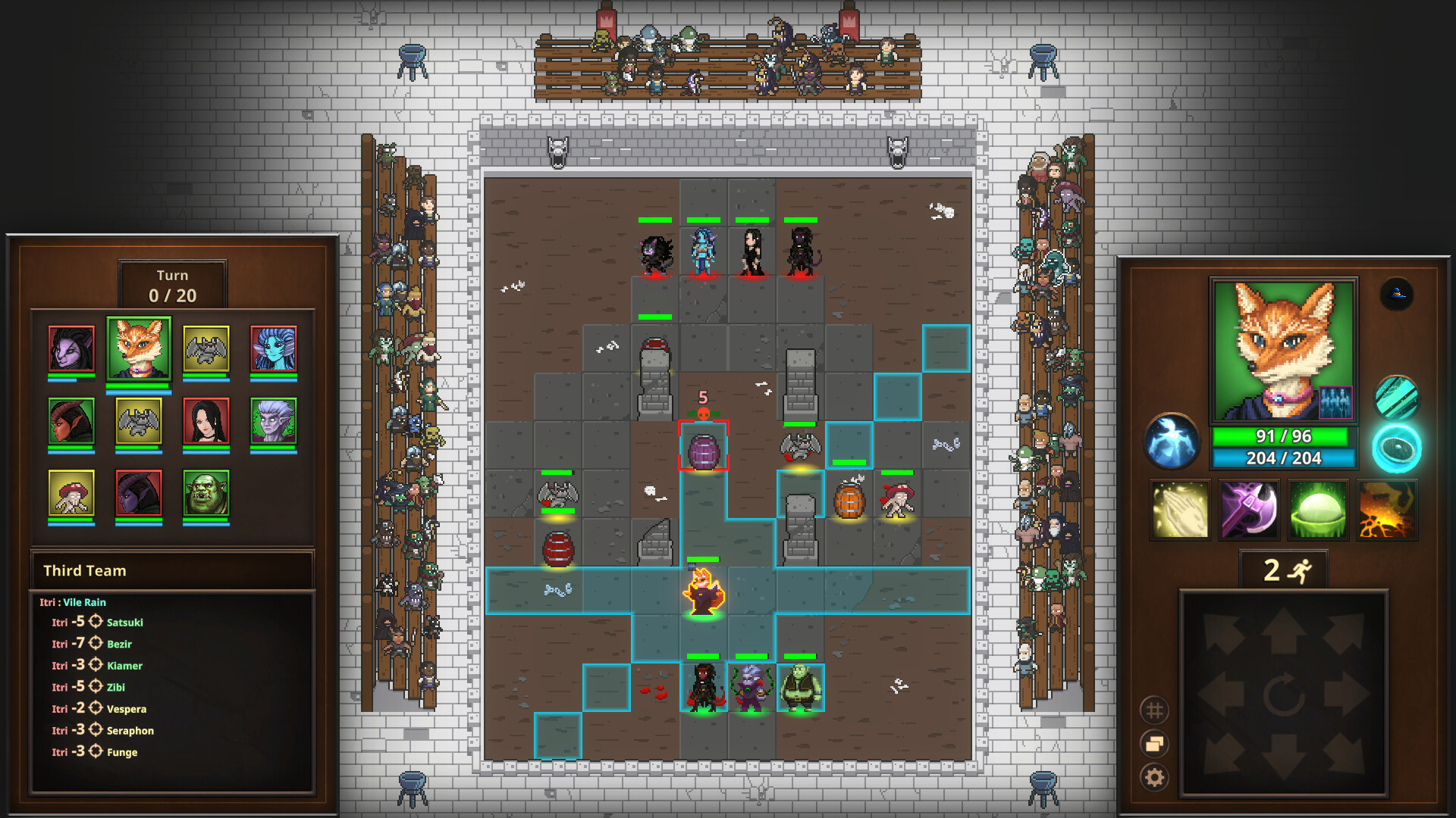 Mortal Glory 2：封闭矩形竞技场内能看到完整战斗区域、石块障碍、两端小队和蓝色可移动方格；两侧为队员与行动信息。