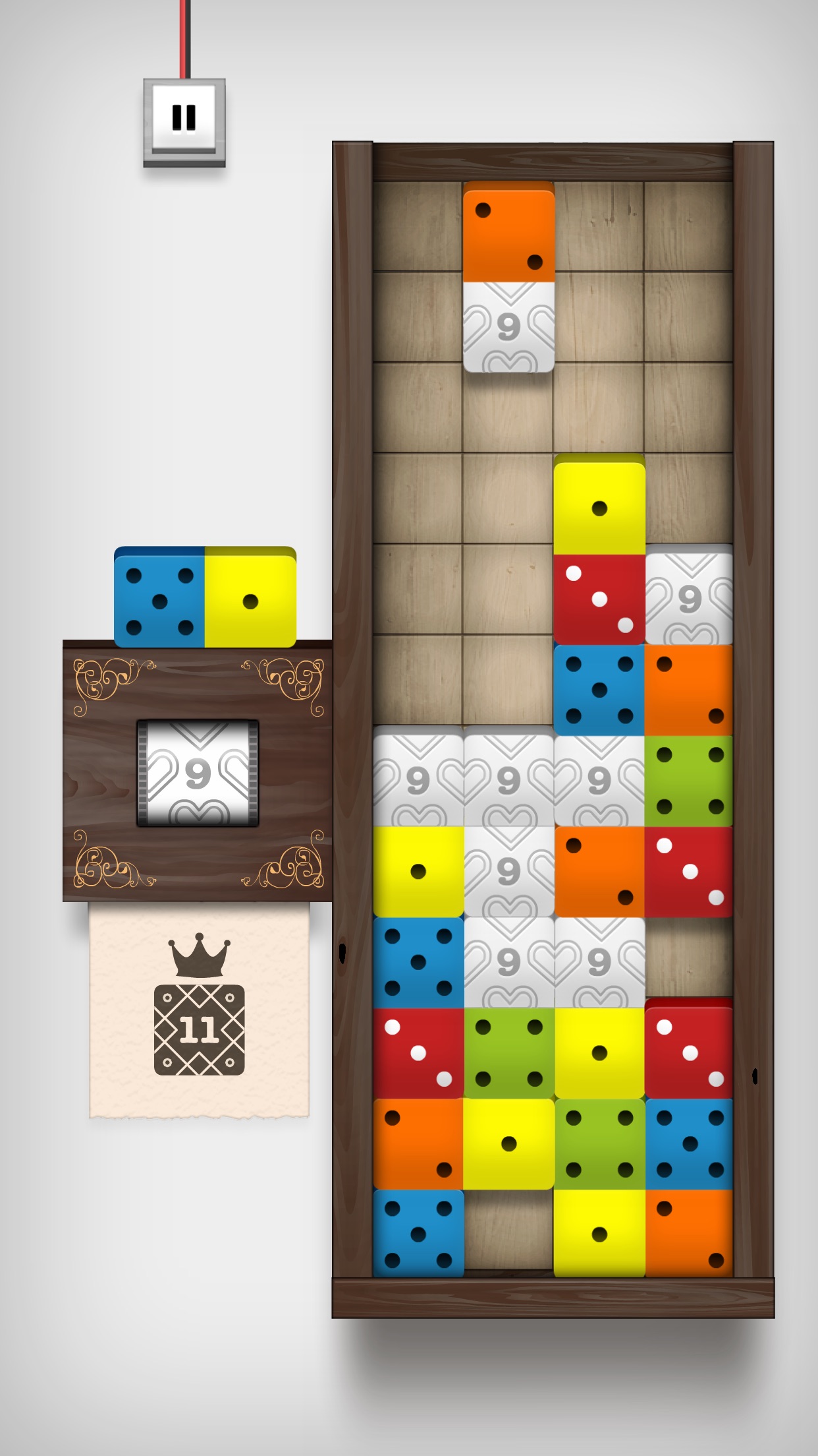 Domino Drop：将双格多米诺骨牌落入狭长方格井，利用点数匹配清除并控制堆叠高度。