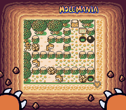 Mole Mania：单屏俯视方格地形；推动铁球、利用地上与地下两层通路解谜。