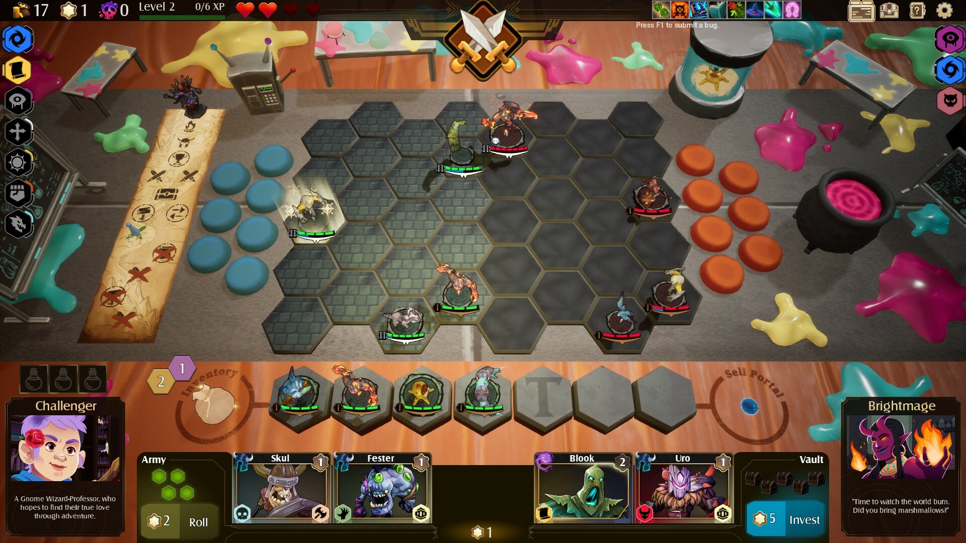 Tales & Tactics：桌面场景中的六角棋盘边界清楚，棋子占据蜂窝格，两侧有蓝橙备用圆位，底部显示队伍和装备。