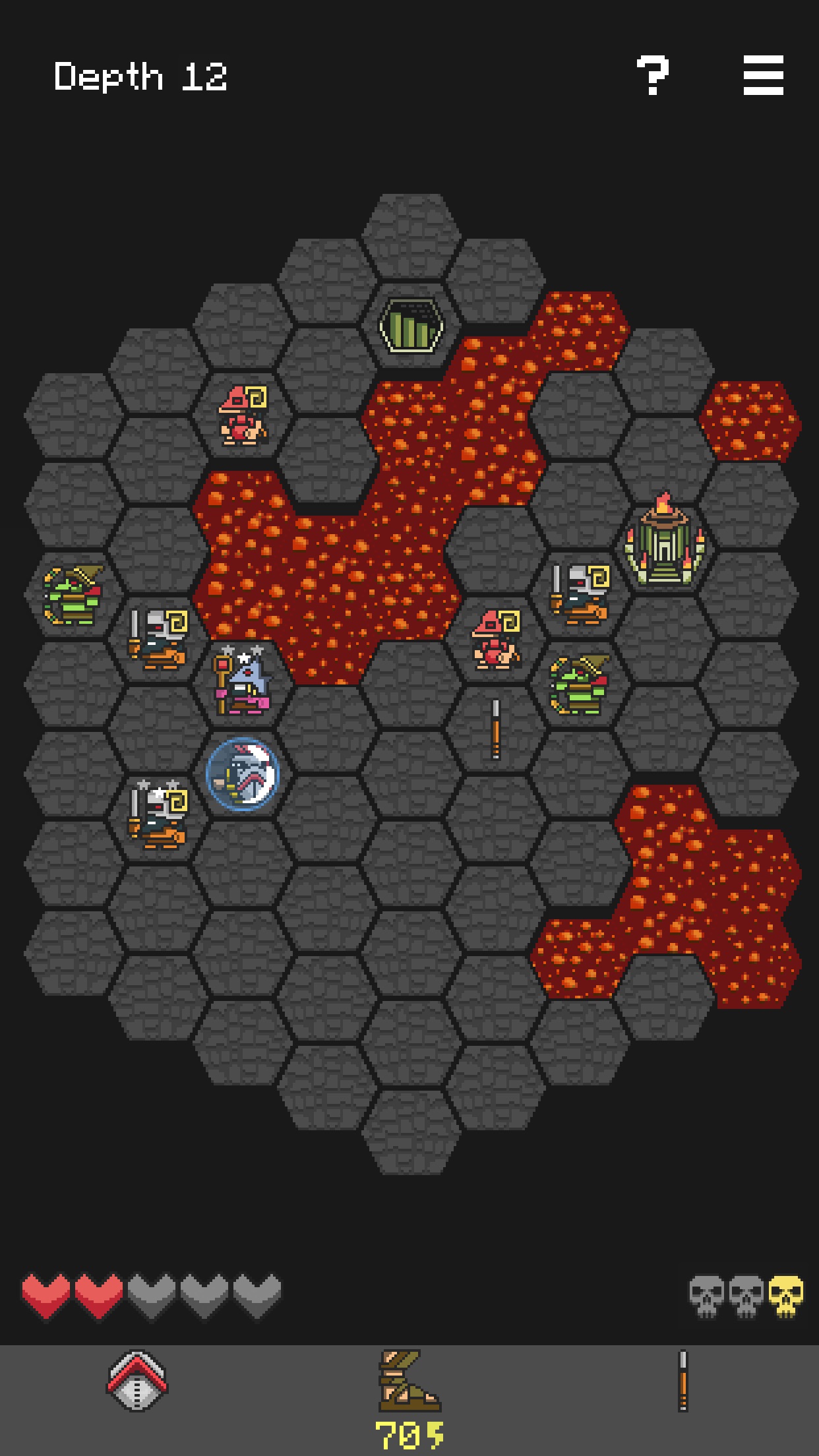 Hoplite：竖向六角格小地图；围绕熔岩、跳跃与敌人攻击范围走位。