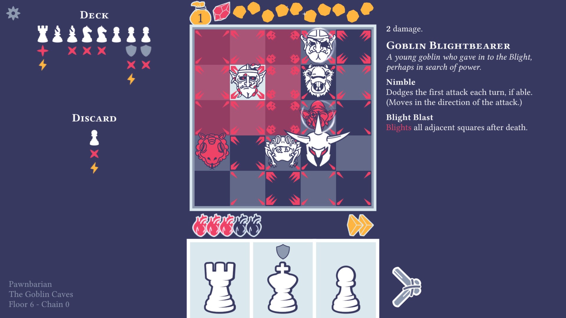 Pawnbarian：中央小方格棋盘，出棋子牌决定英雄移动和攻击方式。