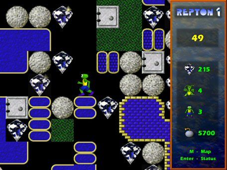 Repton 1（Windows）：在规则方格地图中挖掘土块、推动圆石并收集钻石，结合墙体、钥匙和怪物位置规划前进顺序；选图为 Cascade 关卡的游戏视窗。