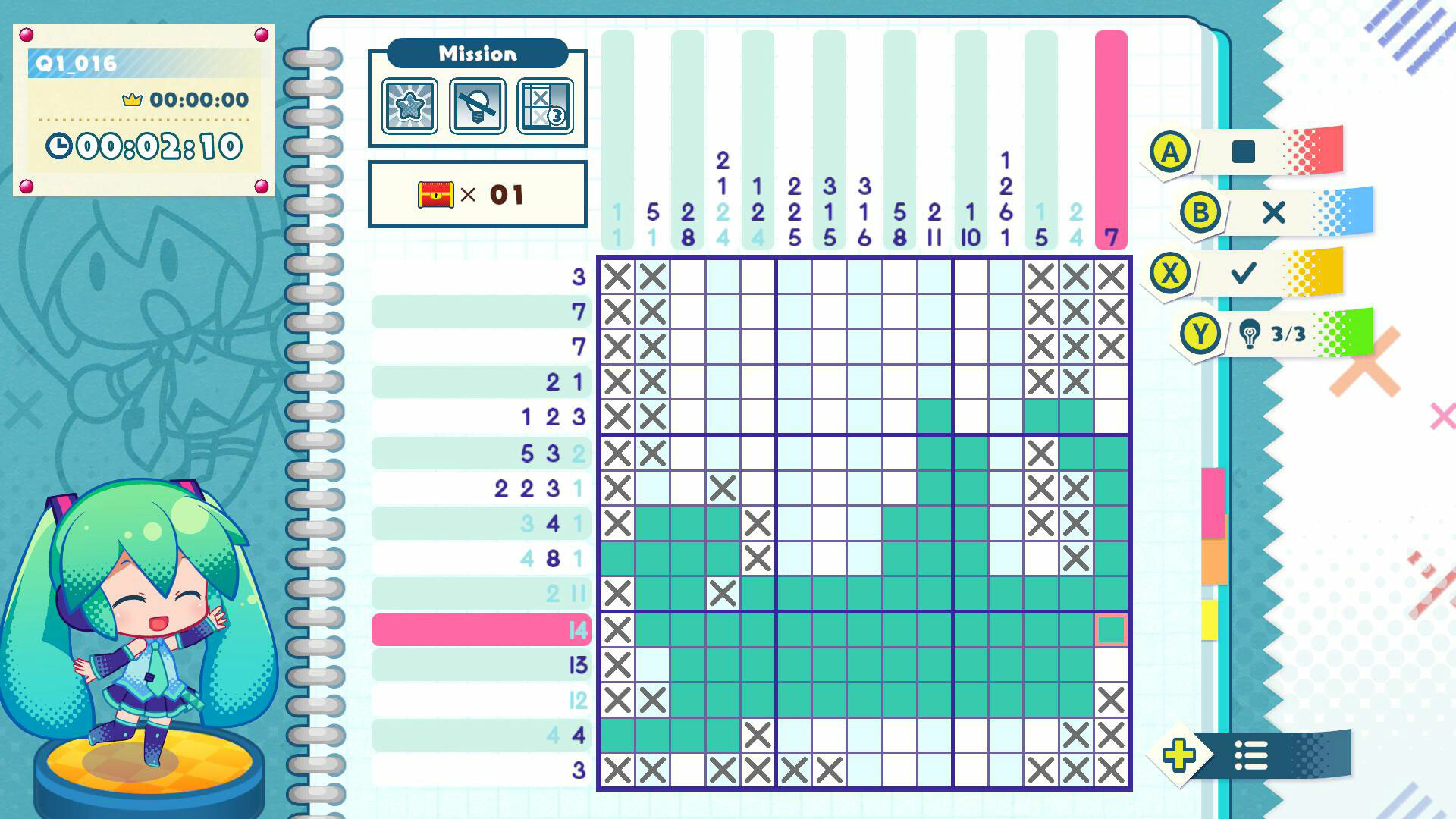 Hatsune Miku Logic Paint S+：15×15数织界面以行列数字推理填色，填色、未定与叉号三种状态配合角色和任务展示。