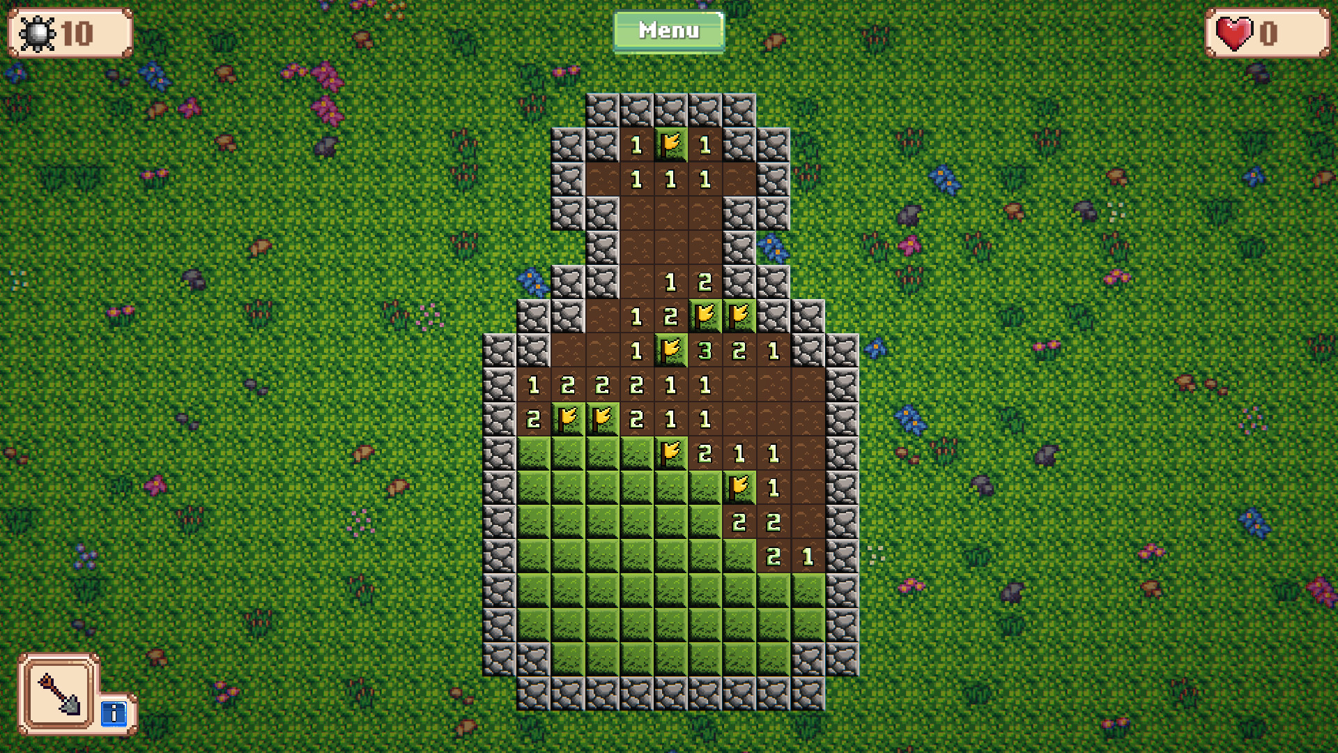 Minesweeper Collector 2：绿色岛屿内狭长异形方格棋盘有数字线索和图案未知格，保留边界与已揭格位置。