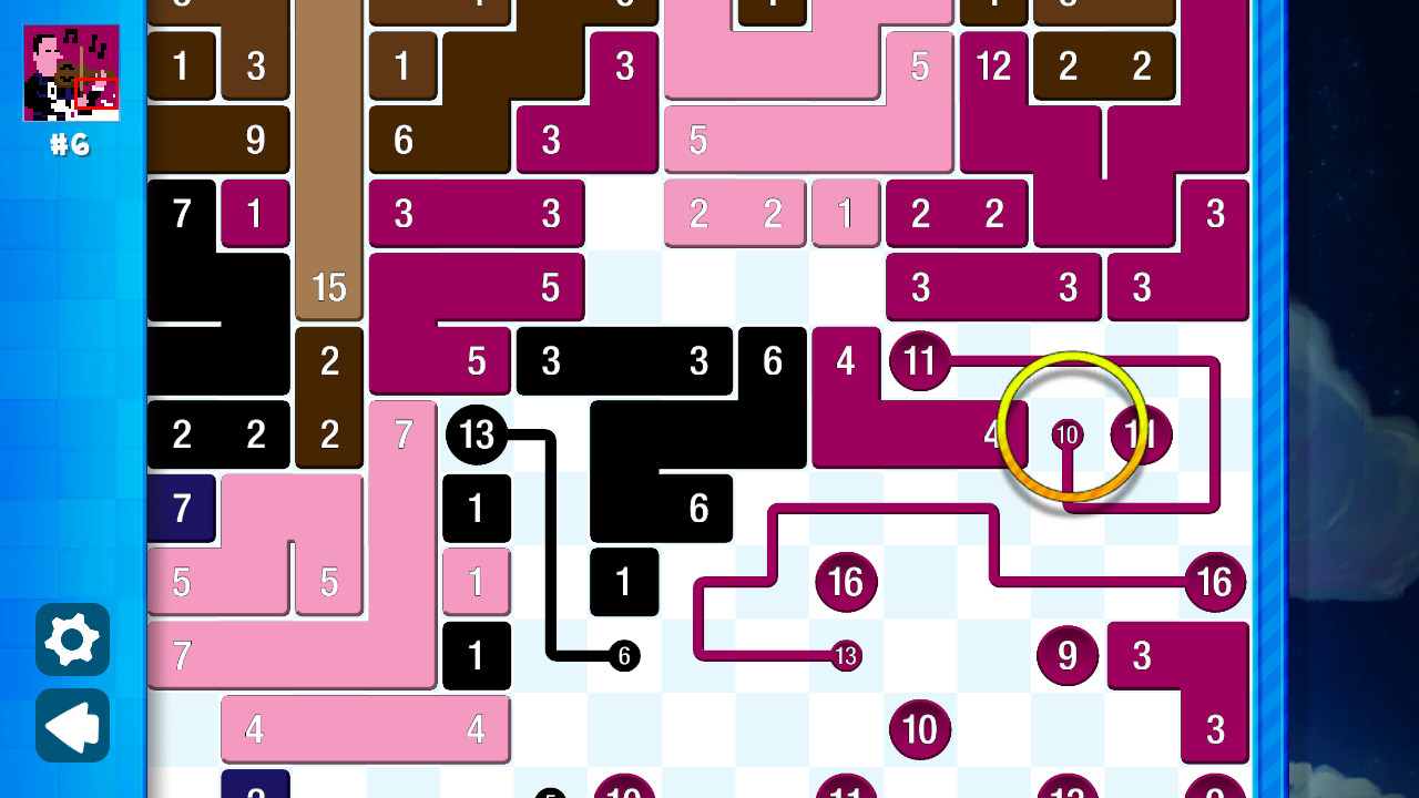 Piczle Lines DX+α：正交格盘上连接颜色和数字匹配的端点，路径长度受数字约束，最终构成像素画。