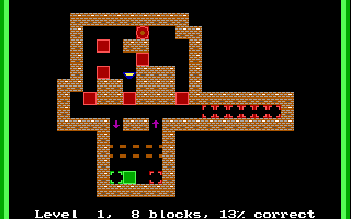 Block-o-Mania：固定方格房间，推动箱块至指定位置，强调死锁与移动顺序。