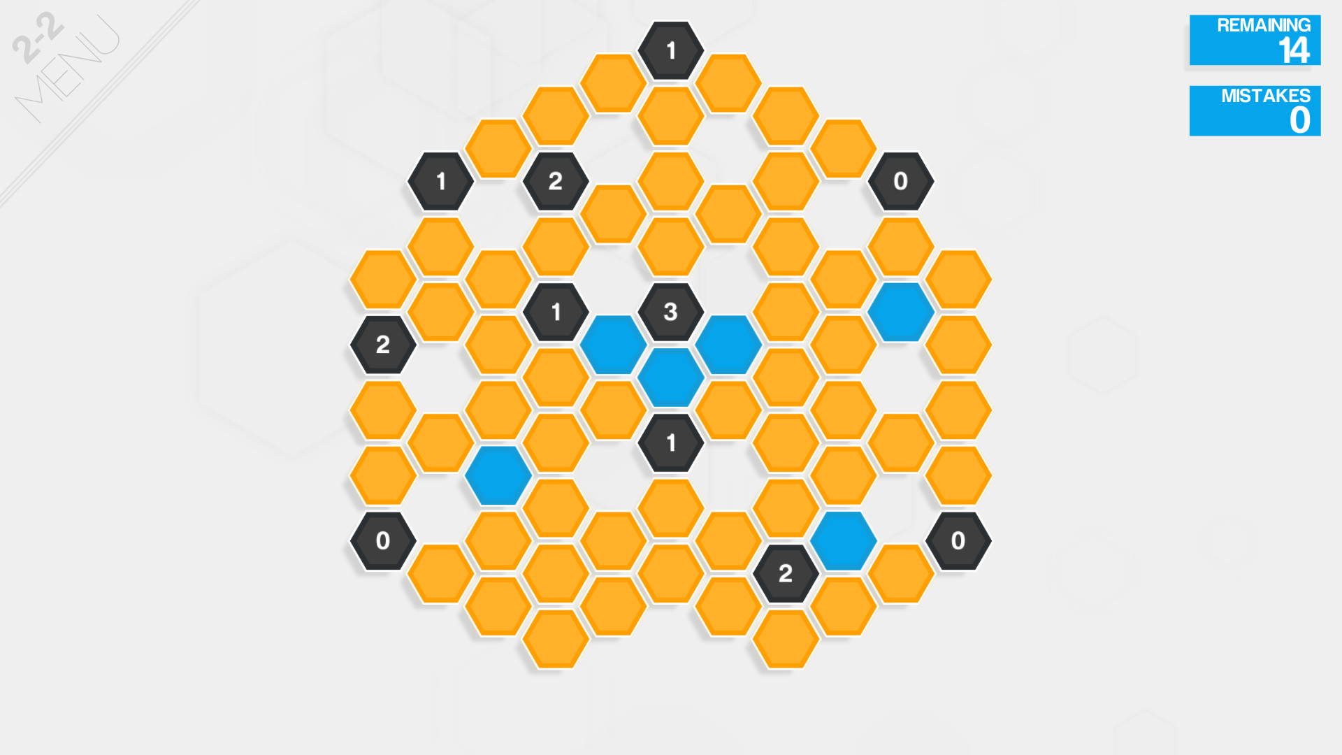 Hexcells：六角格单屏棋盘，依据数字排除格子、保留目标色块。