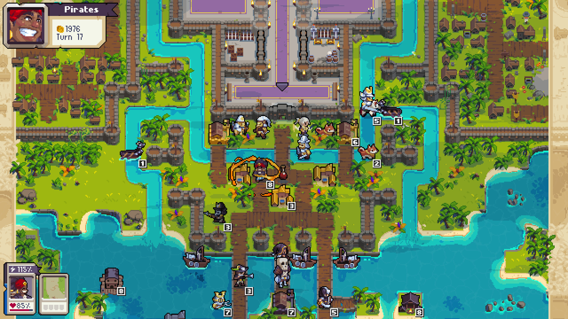 Wargroove 2：城堡与河道方格地图中多个兵种站格，保留桥梁通路、建筑占格与红蓝阵营。