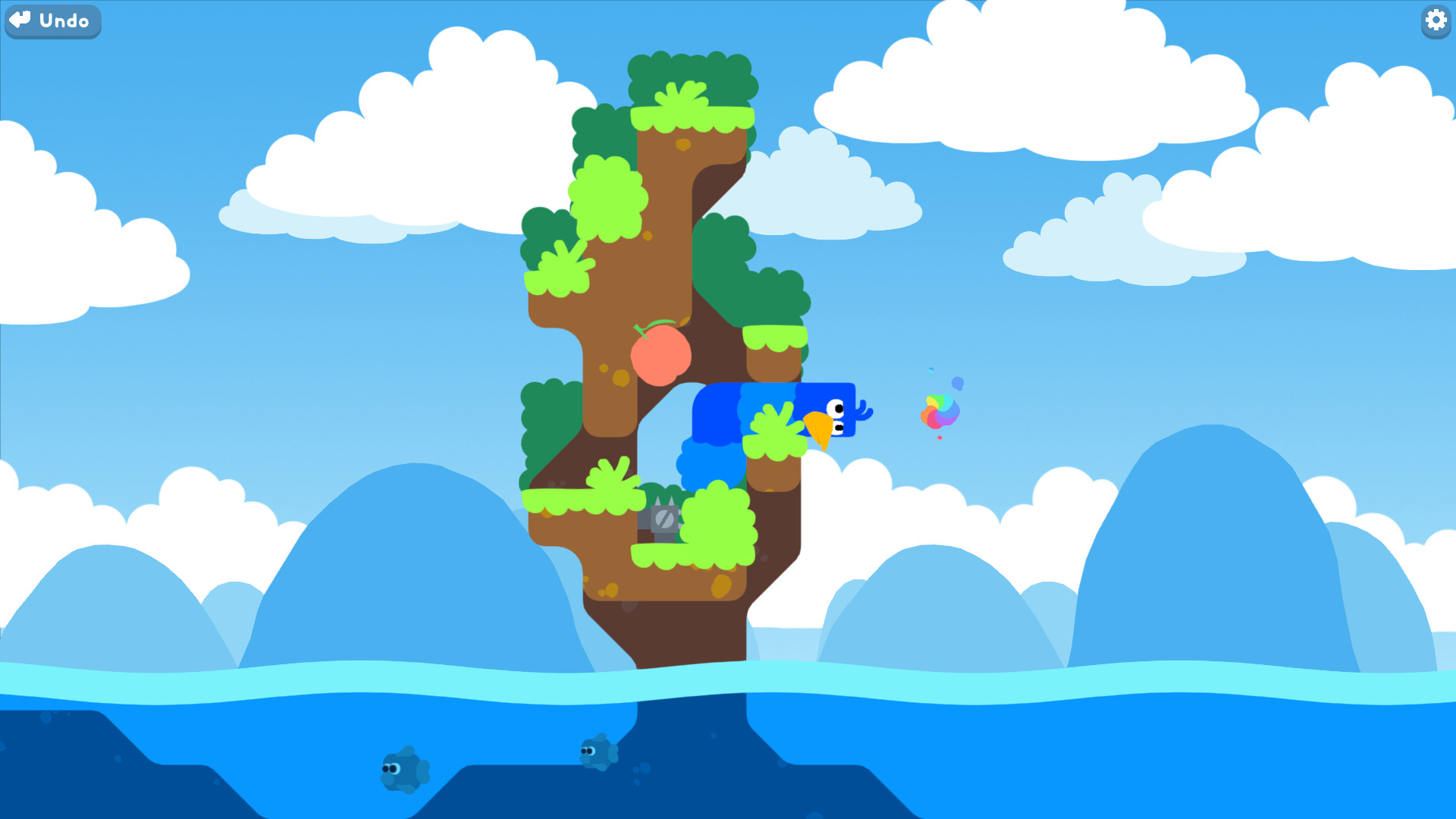 Snakebird：蛇鸟按格移动，吃水果后身体增长，利用身体形状和支撑位置越过悬空地形；这是有重力的侧视离散格盘。