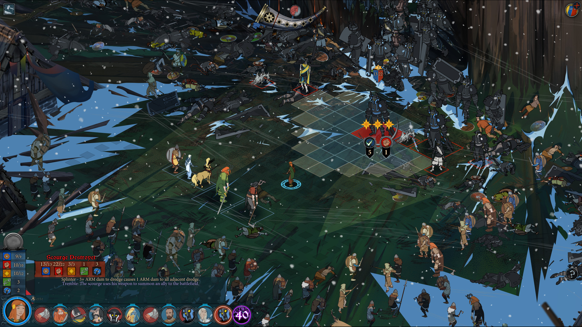 The Banner Saga 3：等角方格战场中巨人及人类单位占不同面积，保留遮挡、技能格与回合次序。