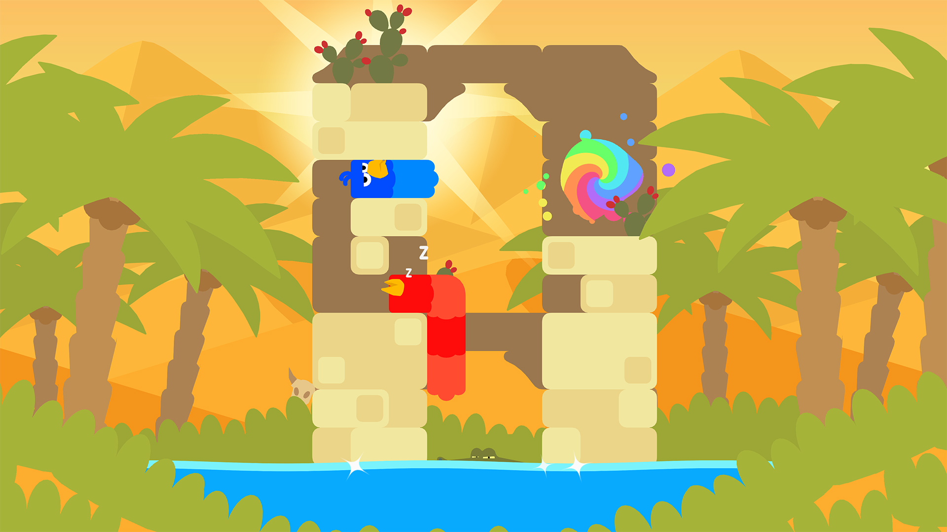 Snakebird Primer：由相连方格构成的彩色长身鸟在悬空平台间吃果实、支撑身体到彩虹出口，保留空隙与身体长度。