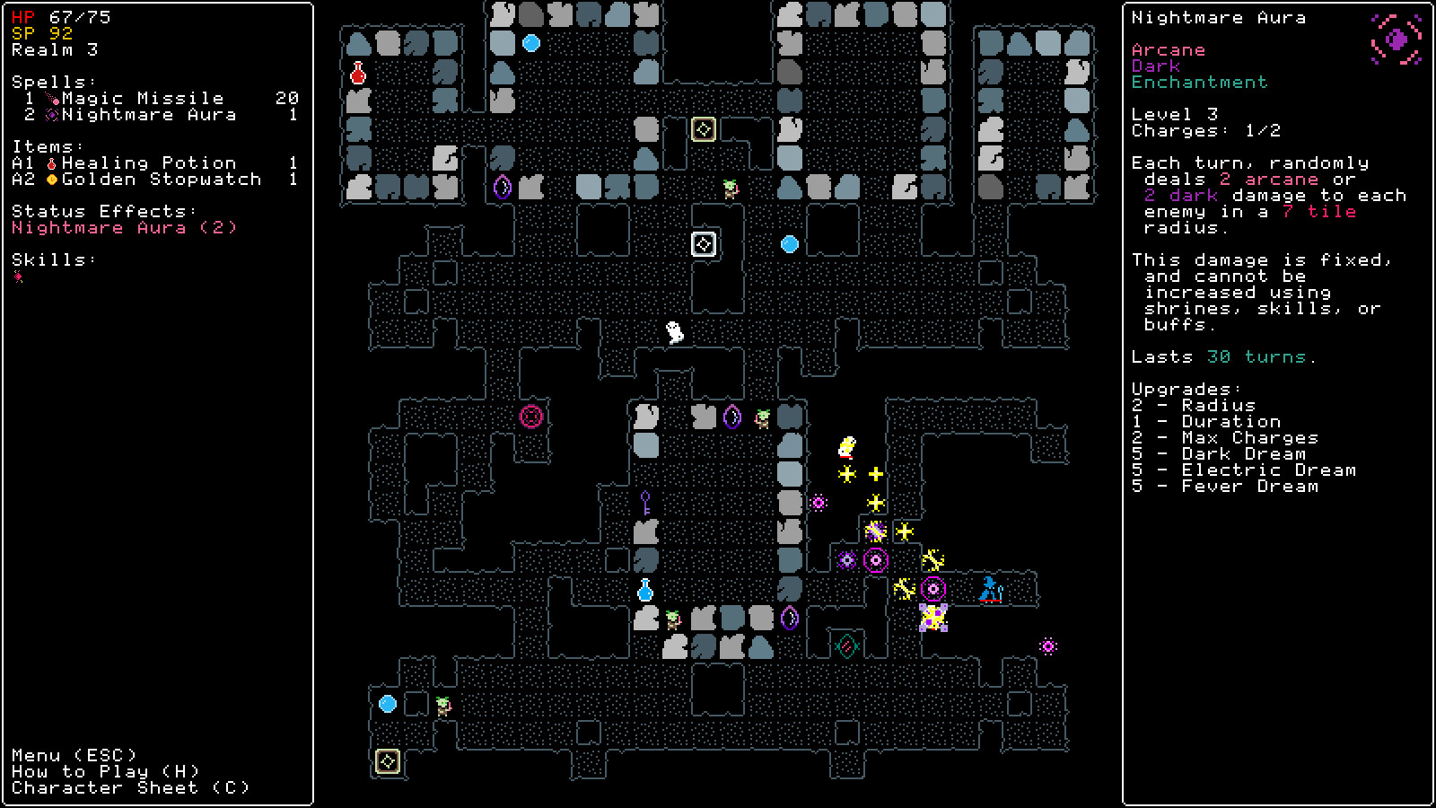 Rift Wizard：大型不规则洞穴方格有法师、怪物、石墙与法术效果，保留单格占位和通路边界。