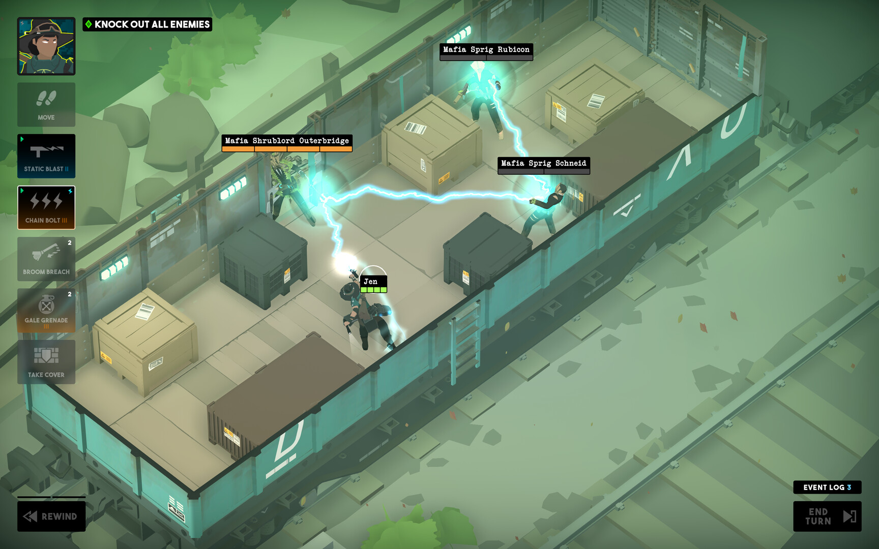 Tactical Breach Wizards：在离散格位的室内战场指挥多名巫师，结合技能、击退和掩体安排回合；选图为列车车厢中的战斗与目标界面。