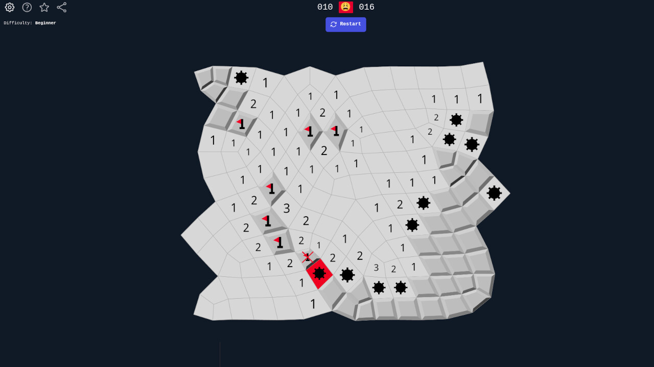 Minesweeper Twist：弯曲不规则四边形瓷砖构成棋盘，数字线索、雷与旗帜占扭曲格，保留非规则邻接。
