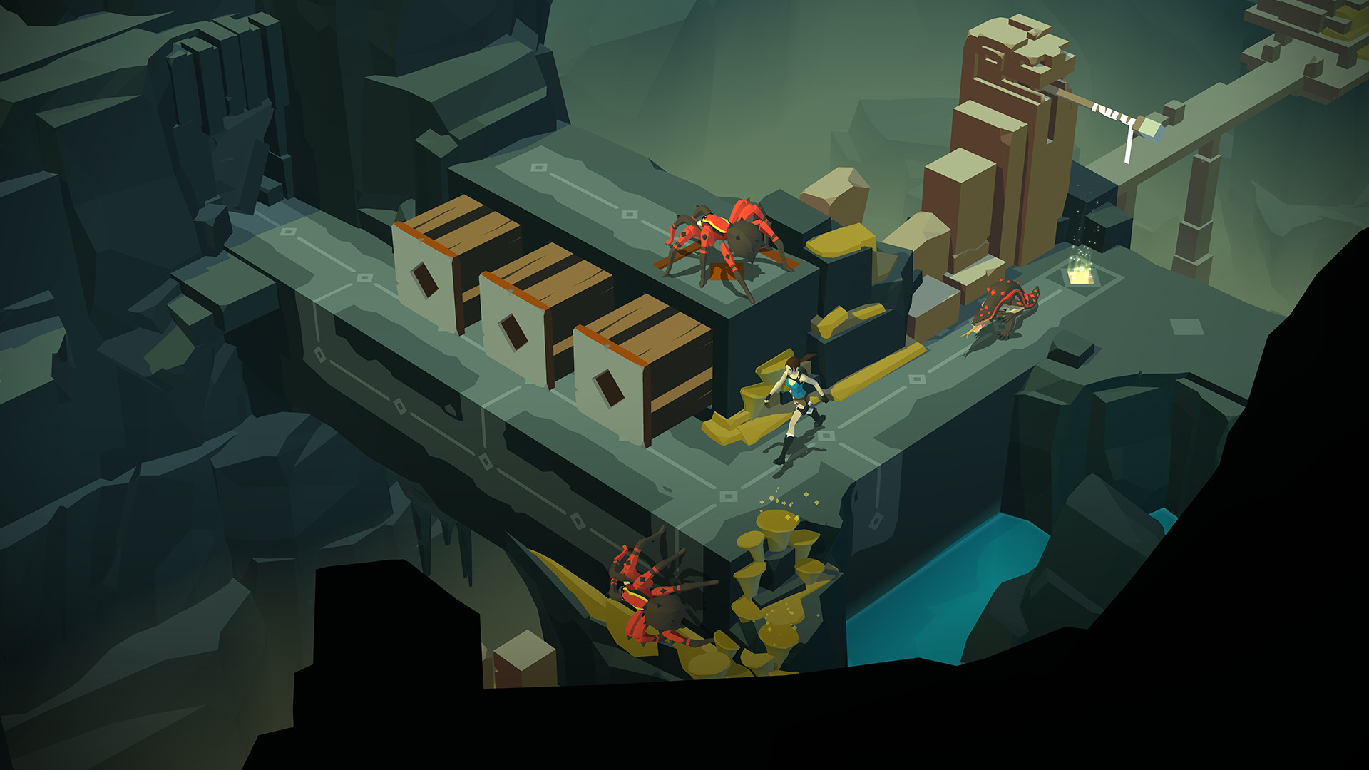 Lara Croft GO：沿固定节点逐步移动，在敌人、机关和地形之间规划安全路线；图中保留立体遗迹平台和明确的行动节点。