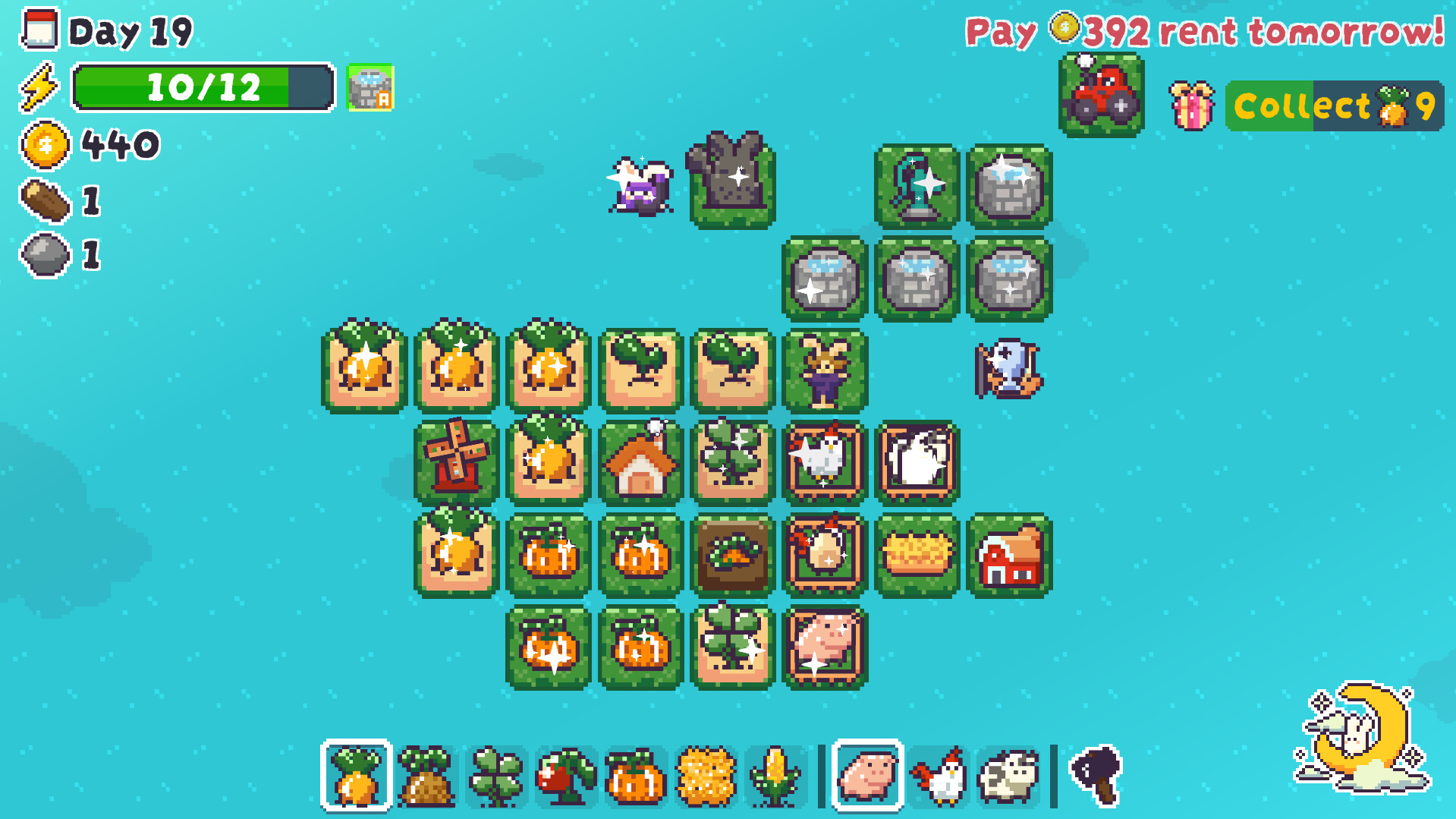 Farm Keeper：逐日操作方格农田，通过作物、牲畜和生产设施的邻接组合提升收益并支付租金。