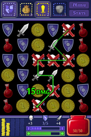 Dungeon Raid（2010）：6列×6行棋盘，连线消除资源，并把剑与骷髅串联起来完成攻击。