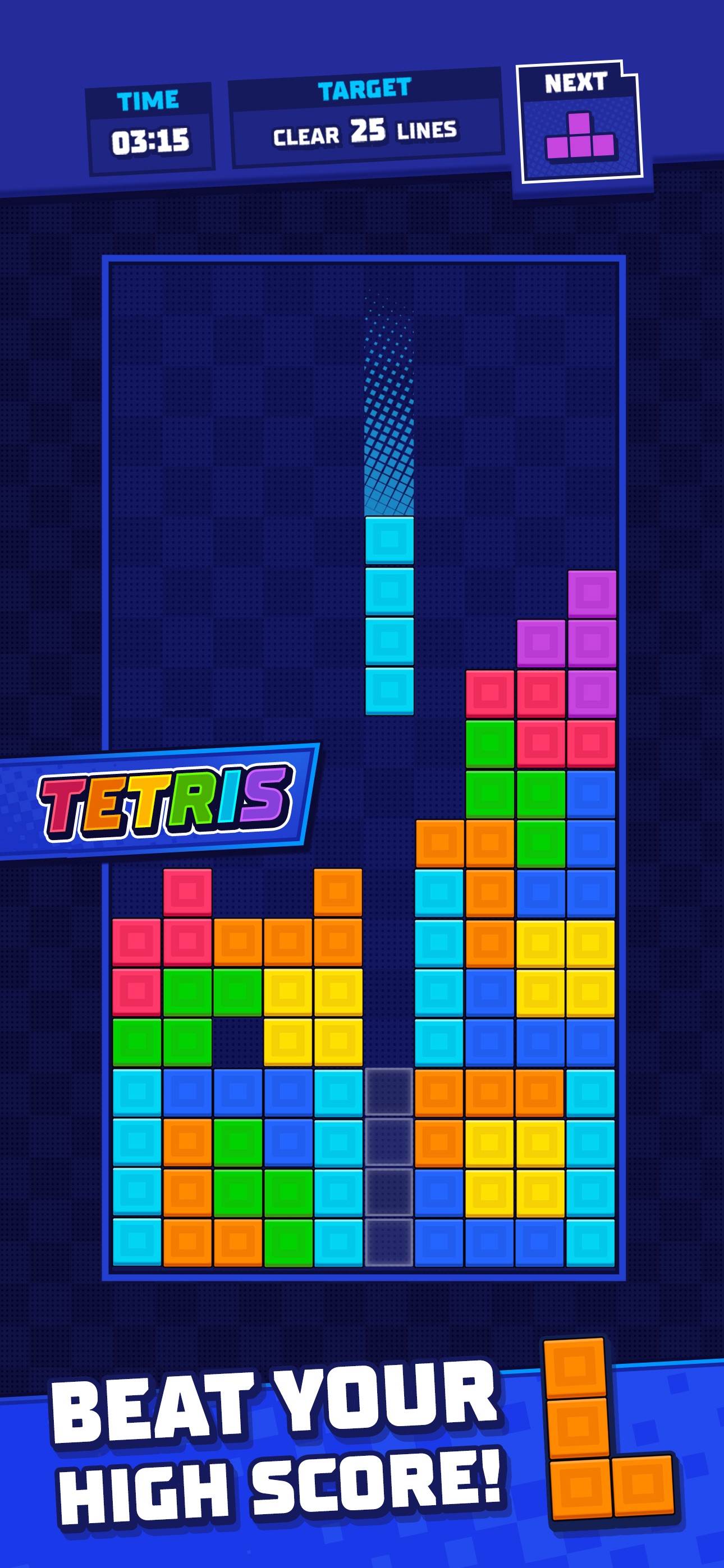 Tetris：旋转和移动下落的四格拼块，在狭长棋盘填满横行消除，管理堆叠高度和后续落点。