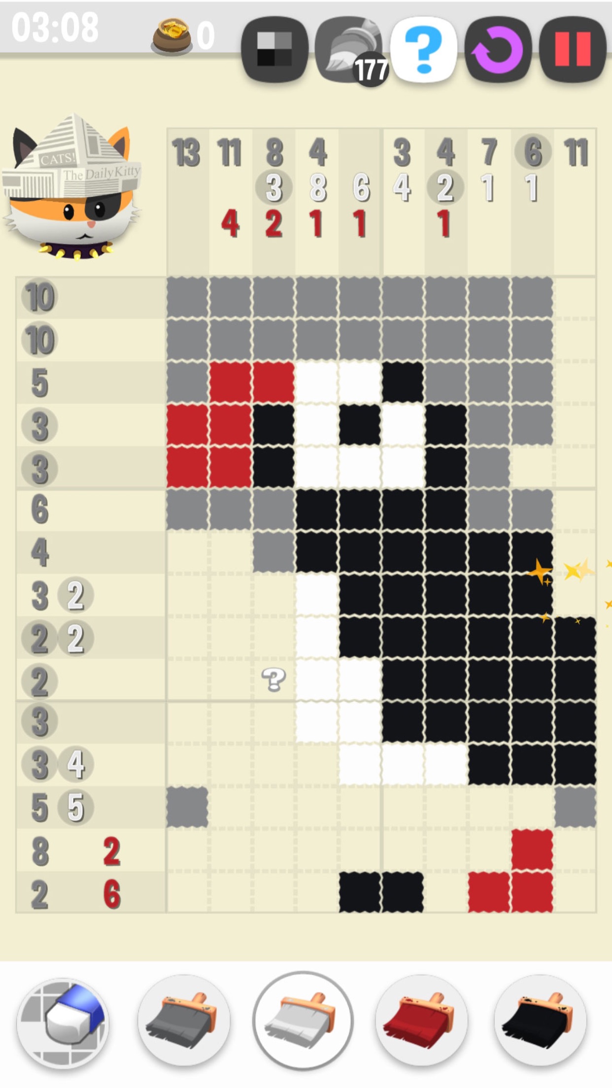 Hungry Cat Nonogram：依据各行各列的颜色数量提示填涂方格，逐步拼出像素画；工具与颜色笔放在棋盘下沿。