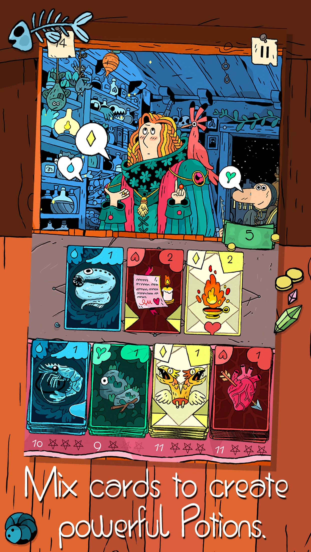 Miracle Merchant：从下方四色原料牌堆中选牌，在上方配方槽组合药水，并根据客人需要与原料之间的关系取得分数。