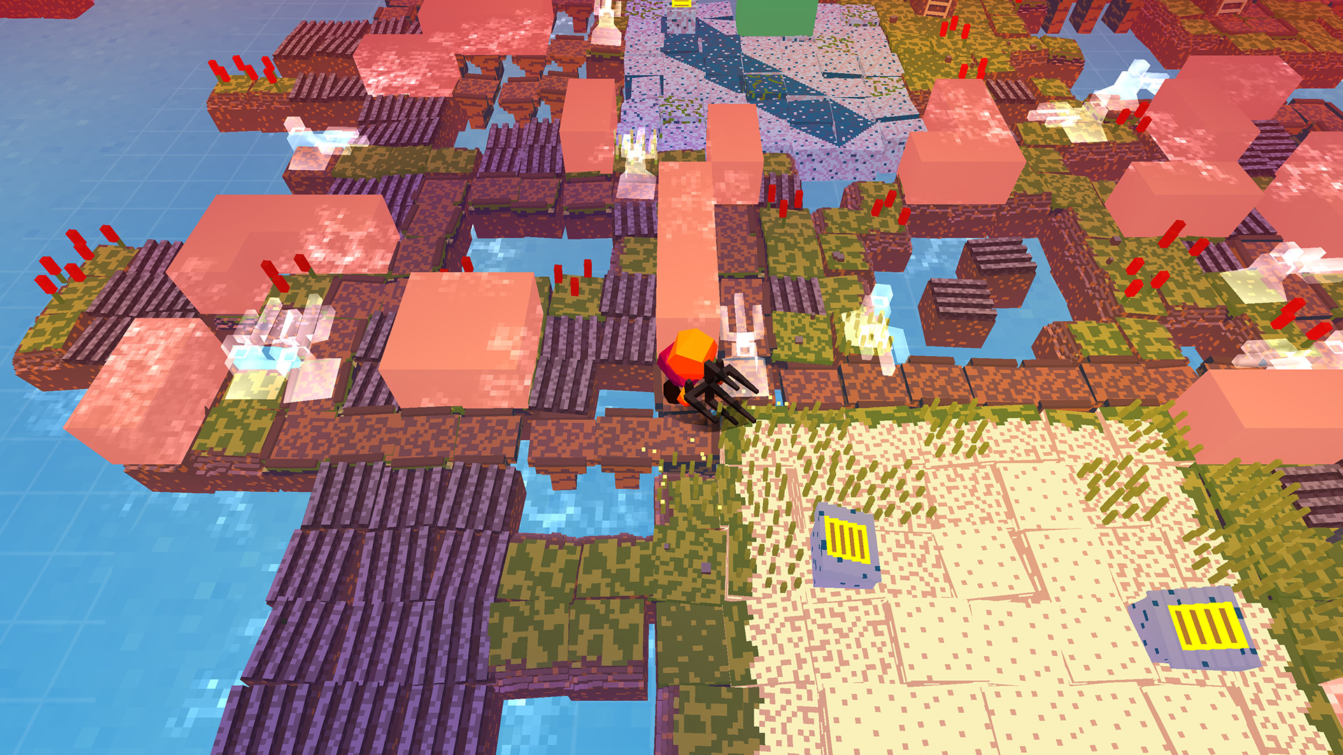 Stephen's Sausage Roll：在离散方格地形中持叉推动、翻滚香肠，利用烤架处理不同面；图中可见多个小岛式关卡与格状障碍。