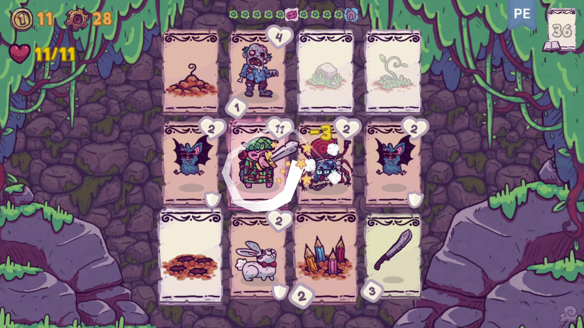 Card Hog：中央是3行4列纸牌矩阵，猪英雄、敌人、武器与回复牌占据固定位置，四周是洞穴石壁。
