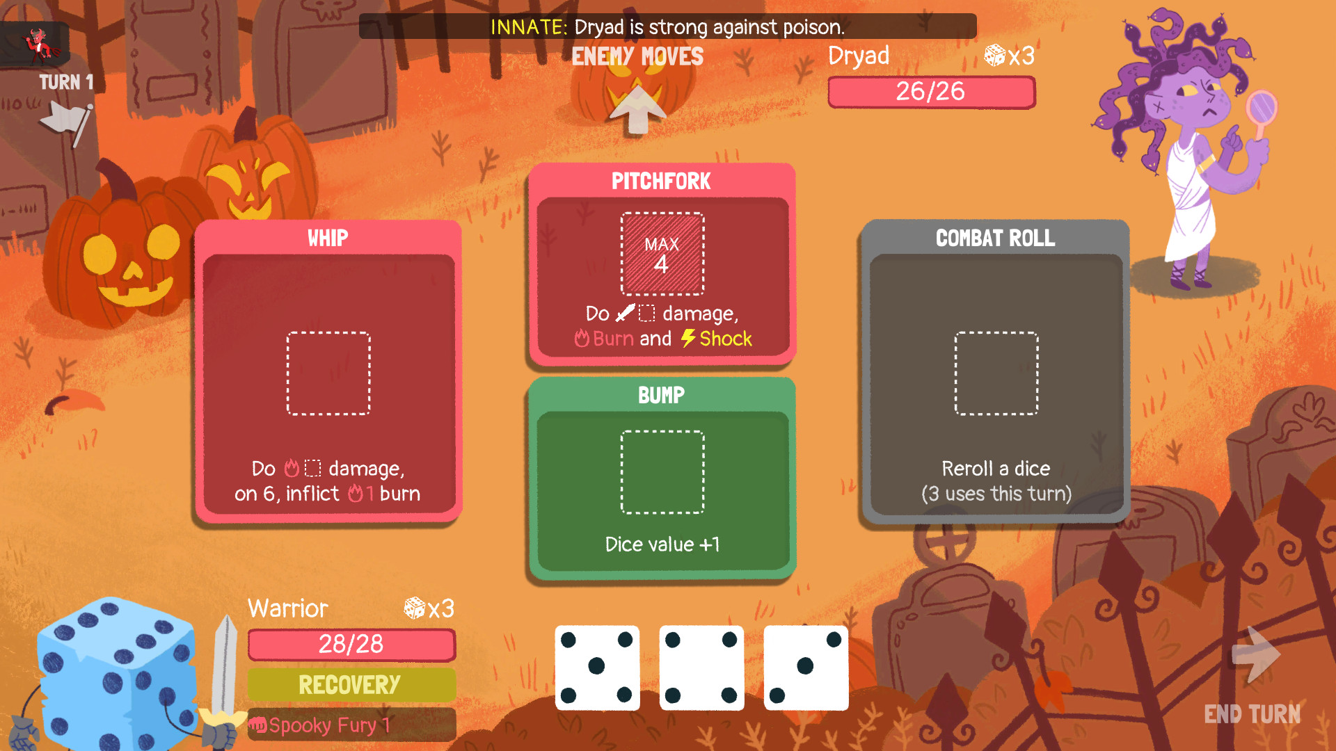 Dicey Dungeons：不同装备卡有数值限制的骰子槽，保留槽的大小、奇偶或点数限制与下方待用骰子。