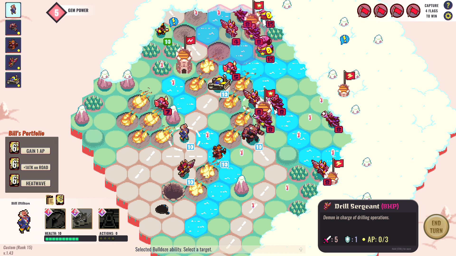 Gem Wizards Tactics：六角格组成岛状战场；林地、水域、火焰、单位和据点分别占格。