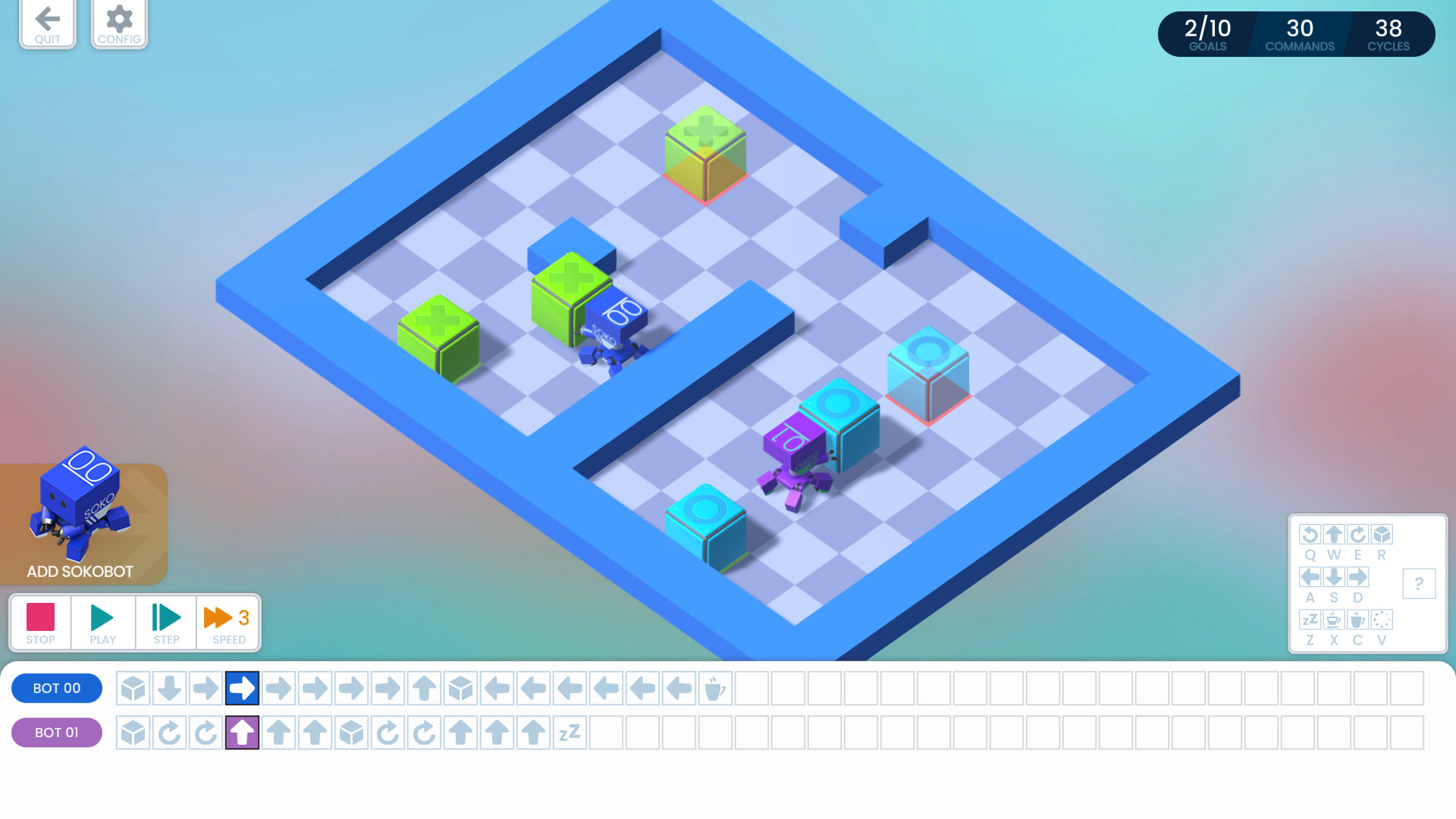 SOKOBOT：棋盘上放置机器人，再为其编排移动和操作方块的指令序列；底部展示程序。