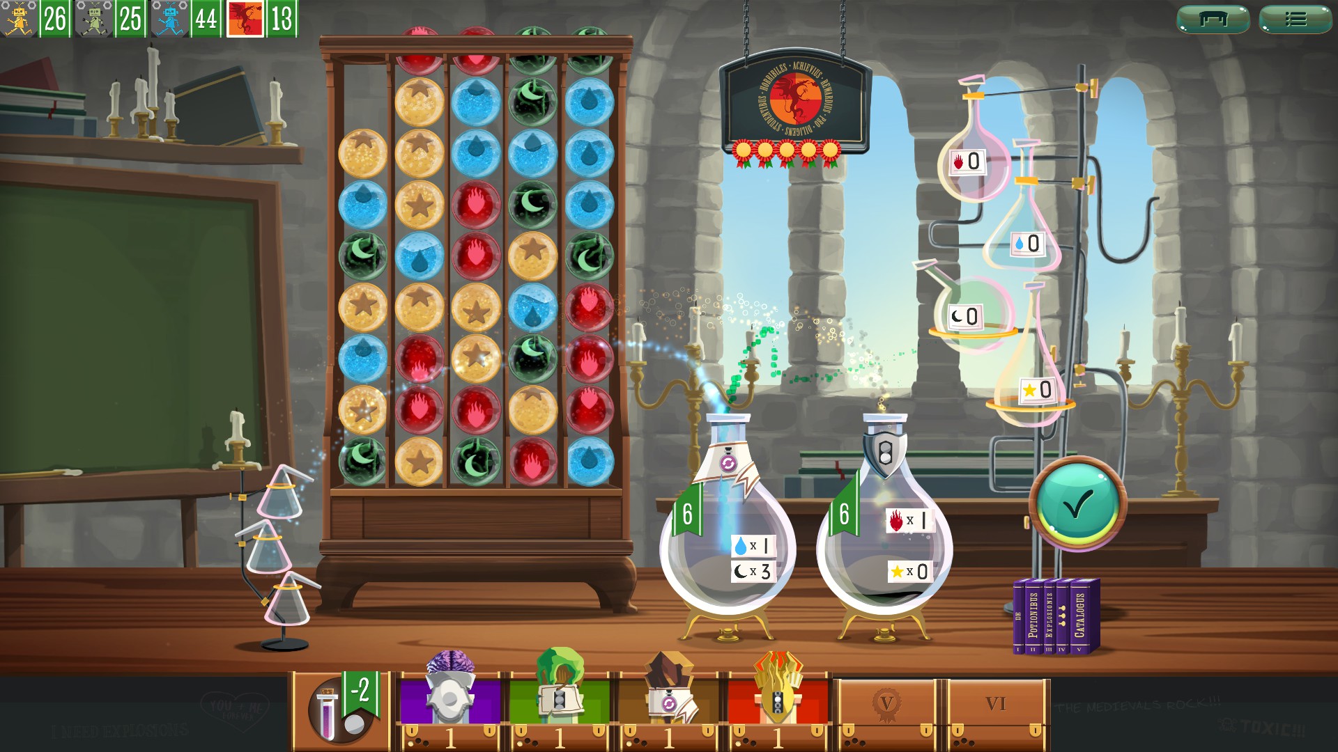 Potion Explosion：倾斜轨道上彩色药水珠排列成多列，拿走珠子触发碰撞，保留轨道与瓶子的色珠需求。
