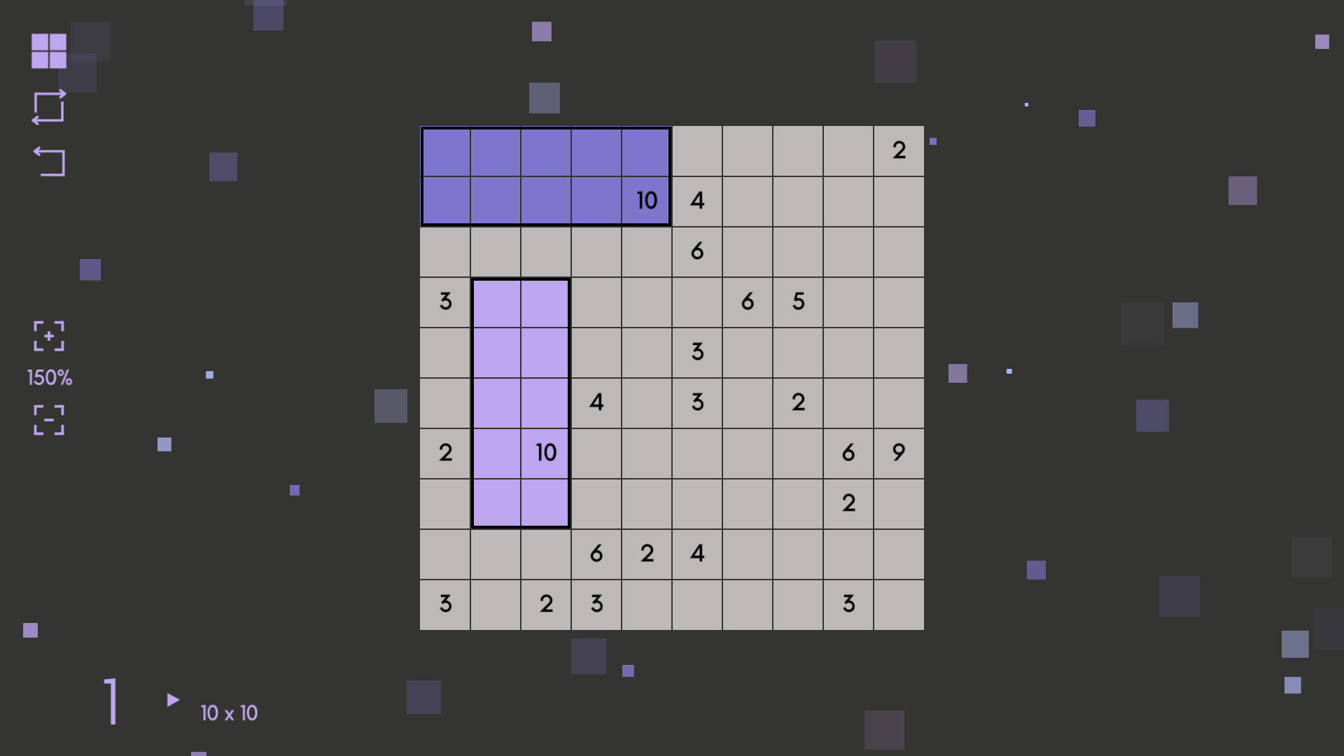 Square Logic：将完整方格盘划分成正方形或矩形，每块必须包含一个数字且面积与其相符。