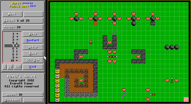 Hero's Heart：密集方格关卡，推物件、避开机关、收集爱心后走向出口。