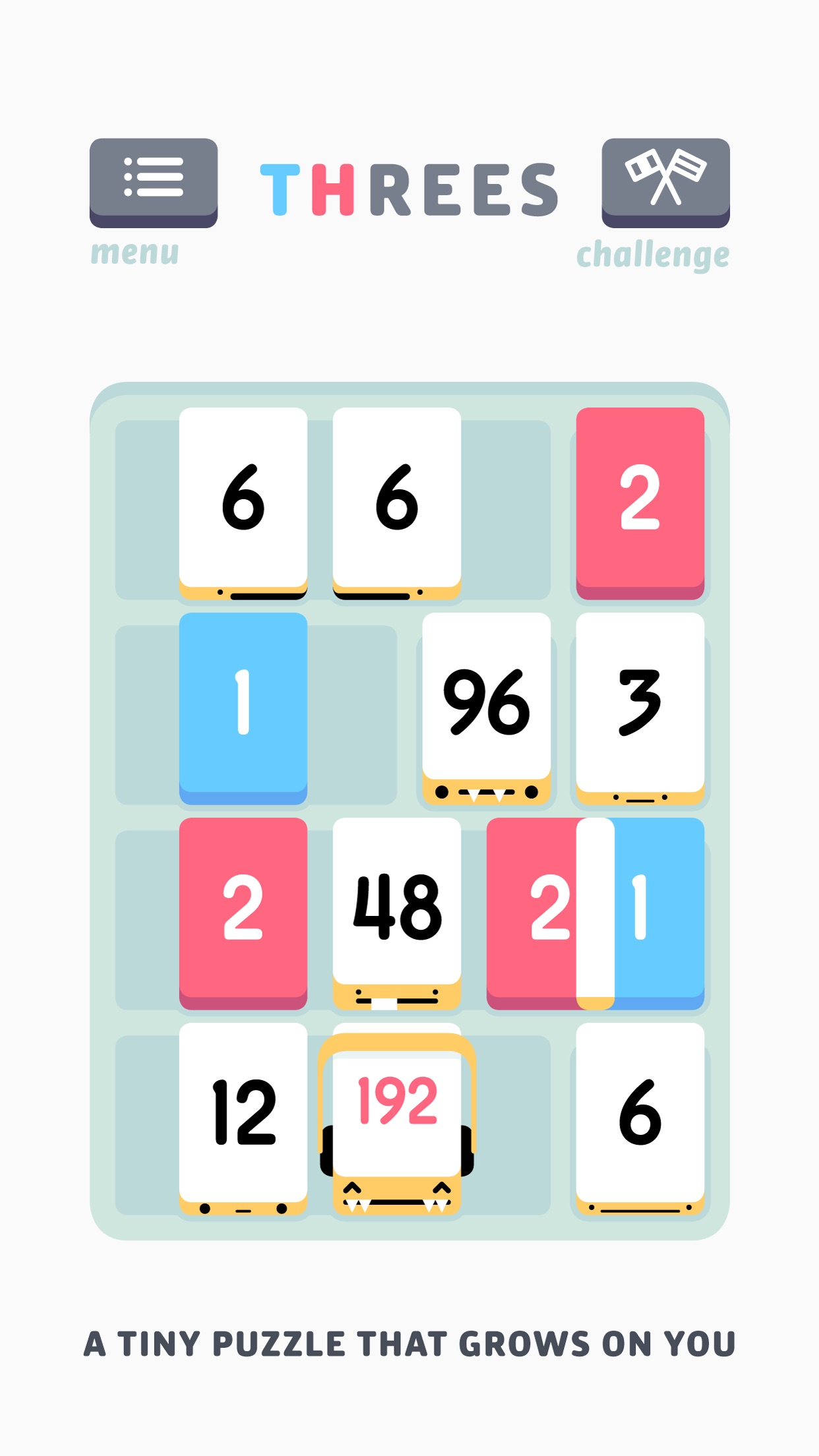 Threes!：四乘四数字棋盘；整体滑动并合并数字，持续管理空位。