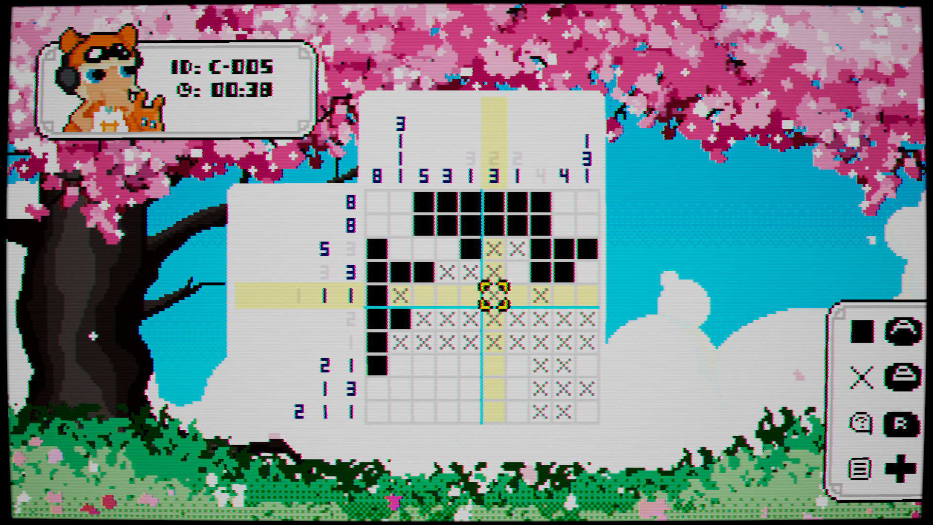 Piczle Cross Adventure：方格数织棋盘通过行列连续数量提示推导填色和空白，在冒险场景中复原像素物件。