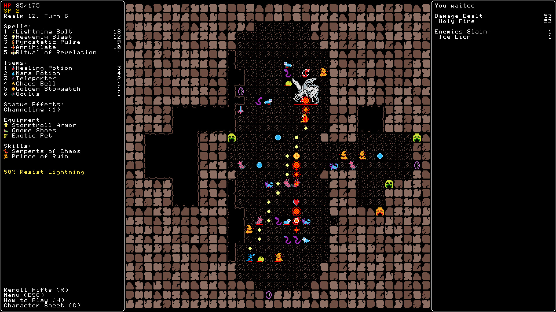 Rift Wizard 2：单屏方格地牢显示墙体、狭道、敌人与法术效果，左右保留法术和战斗记录。