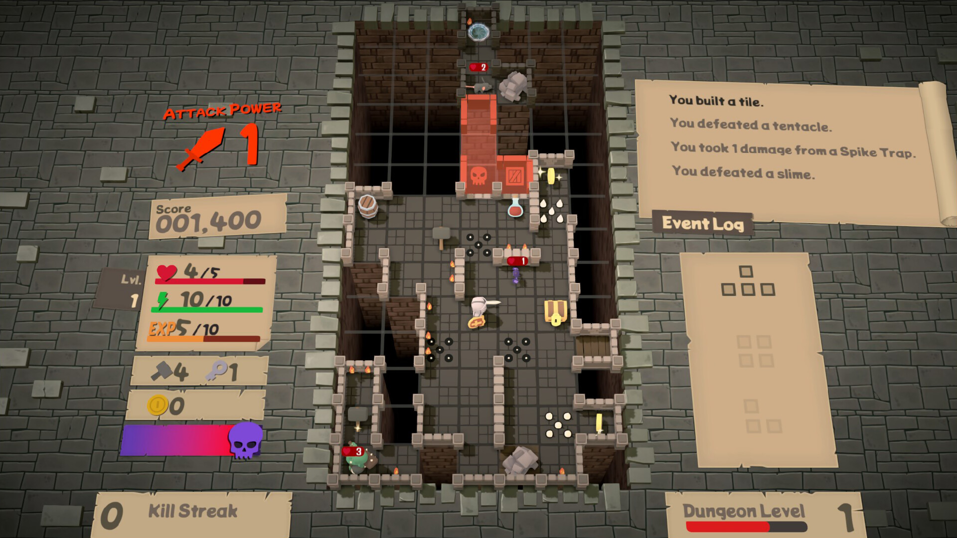 Blocky Dungeon：把多格地牢块放入纵向盘面，同时引导骑士探路战斗；拼满一行可标记消除，腾出新的建造空间。