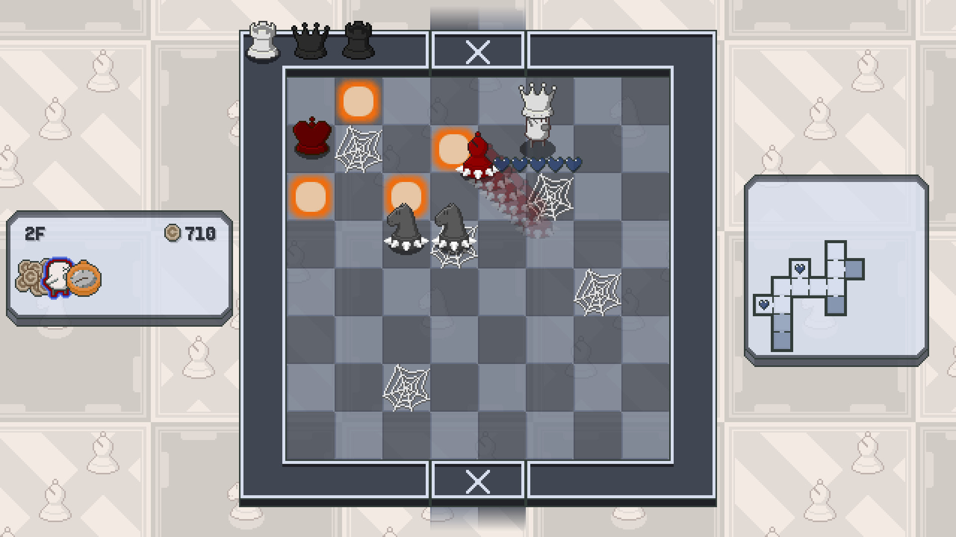 Chessplosion：纵向棋盘房间中分布棋子、障碍和危险格；右侧小地图显示房间连接。