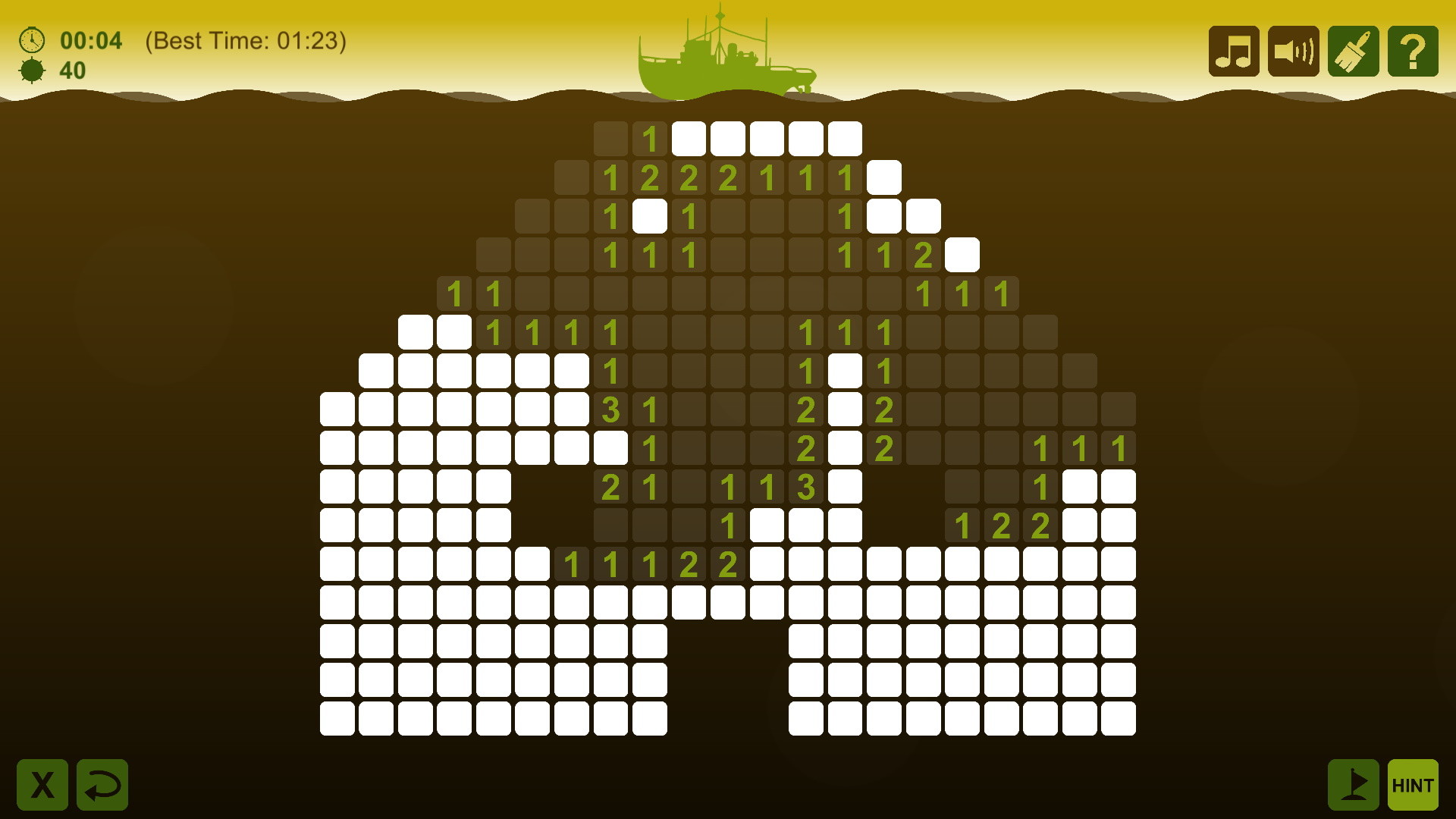 Minesweeper Classy：非矩形棋盘由小方格组成，数字、旗帜、已揭及未知格分离，保留异形轮廓。