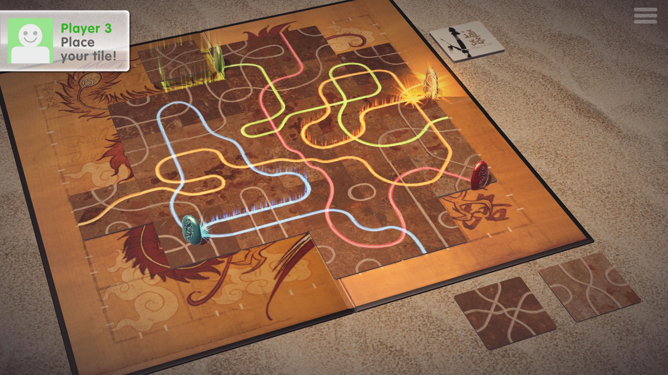 Tsuro - The Game of the Path：在棋盘铺放带曲线路径的方形砖，让自己的石子沿相连路线前进，避免被路径送出棋盘。