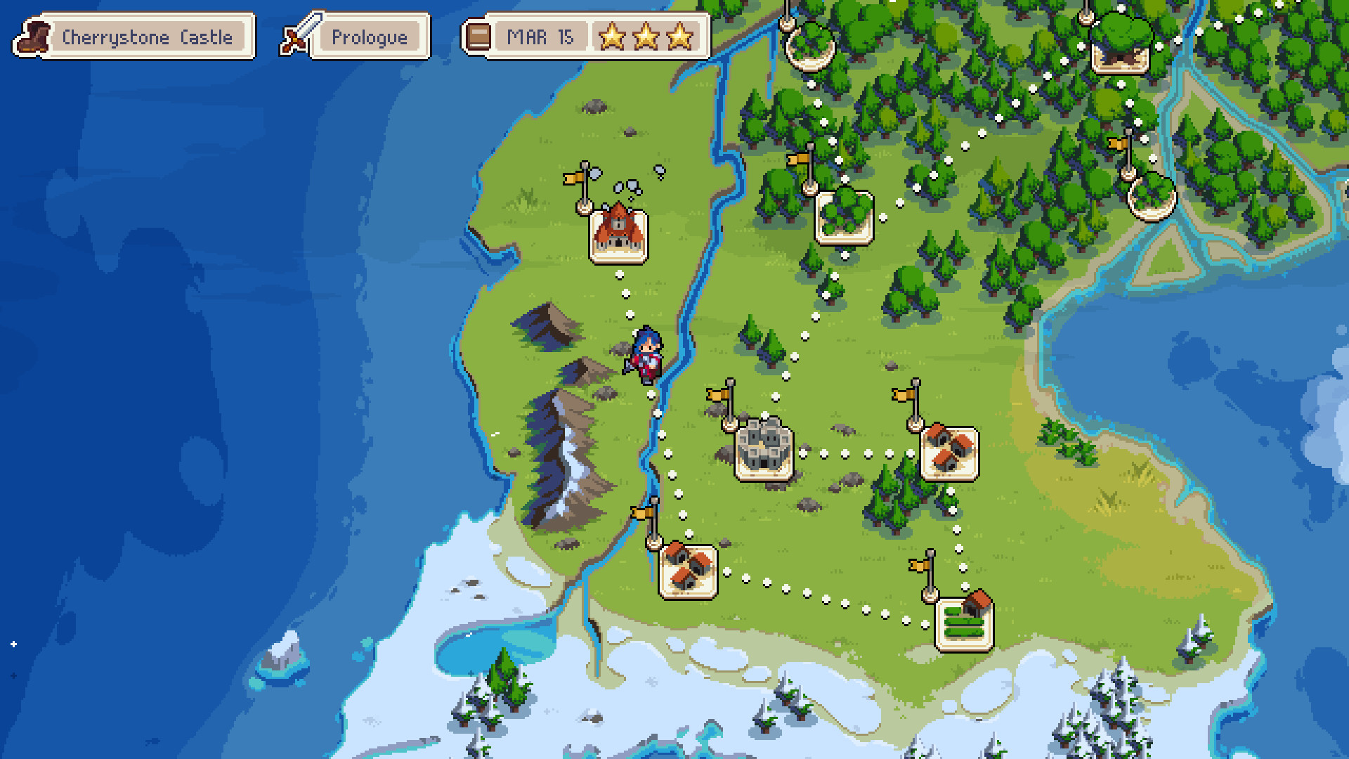 Wargroove：方格海岸地图有红绿阵营单位、建筑、海陆分界和道路，保留占格与海岸连接。