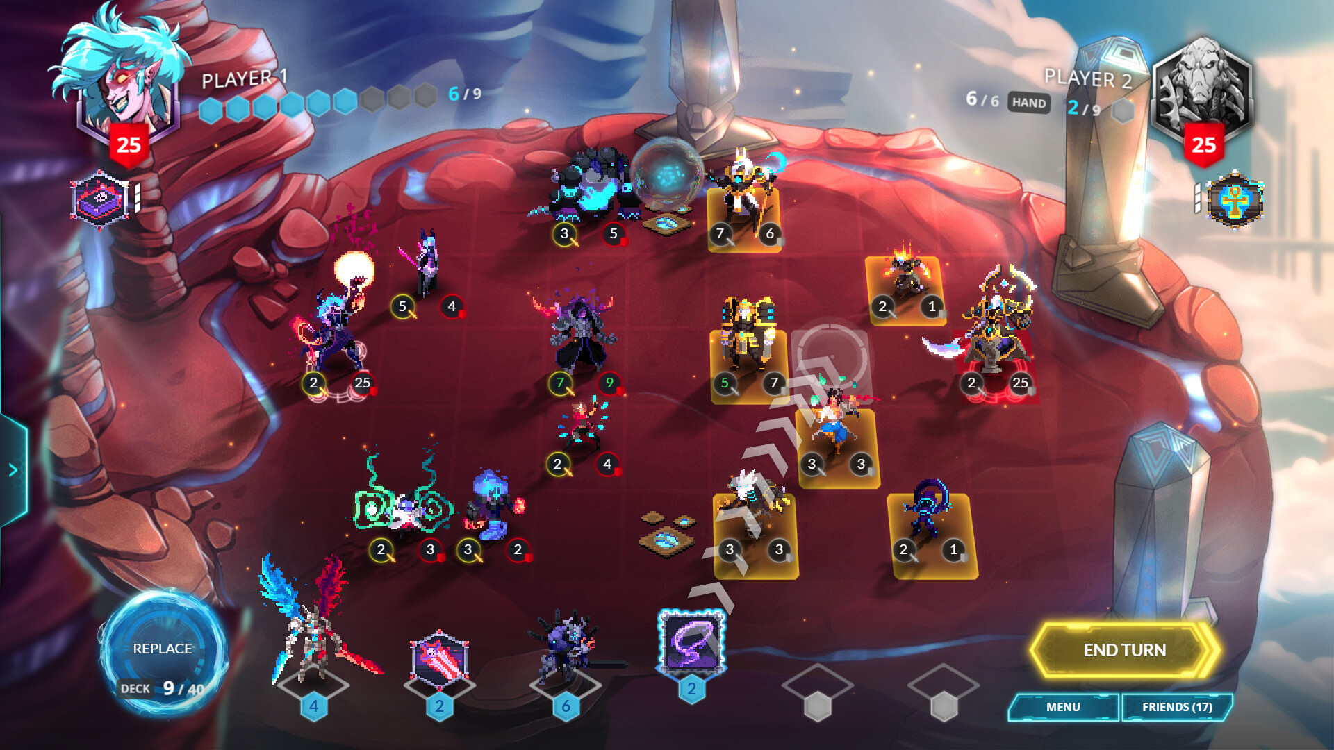 Duelyst II：长方形格盘里主将与召唤单位共处，黄色目标格展示可操作区域。
