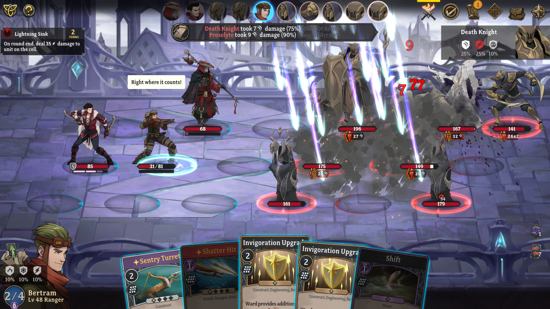 Gordian Quest：敌我分区的点阵战位承载英雄与敌人；下方手牌和各单位血条同时可见。