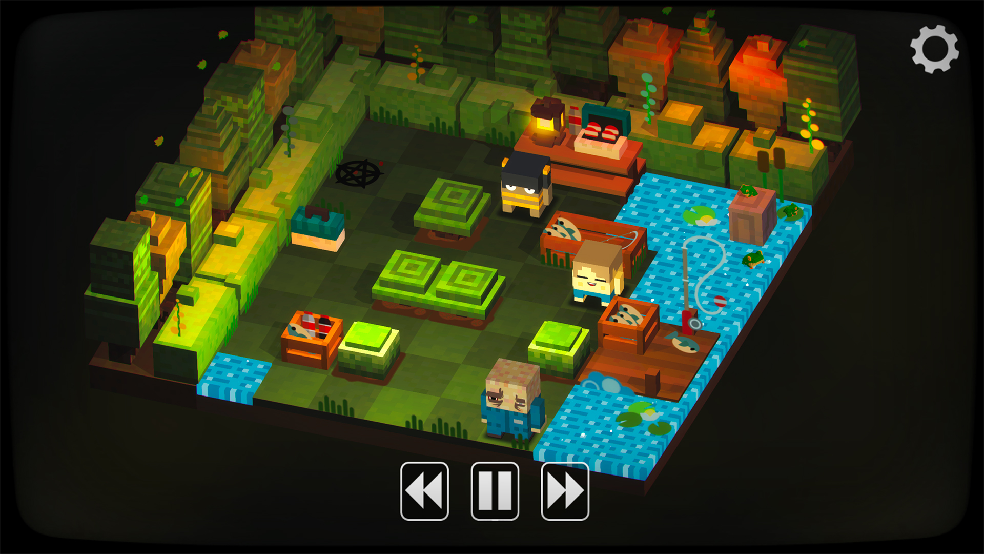 Slayaway Camp：等距方格营地中滑动体素角色，利用障碍、水域与目标人物规划停靠和通行路线。