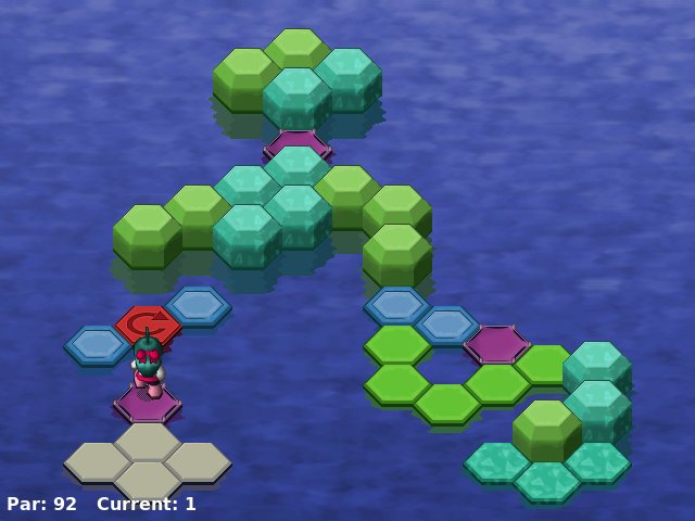Hex-a-Hop：沿六角地块规划行走顺序，消掉全部绿色地块并落在安全处；弹跳点、旋转器与高低地块形成紧凑异形棋盘。