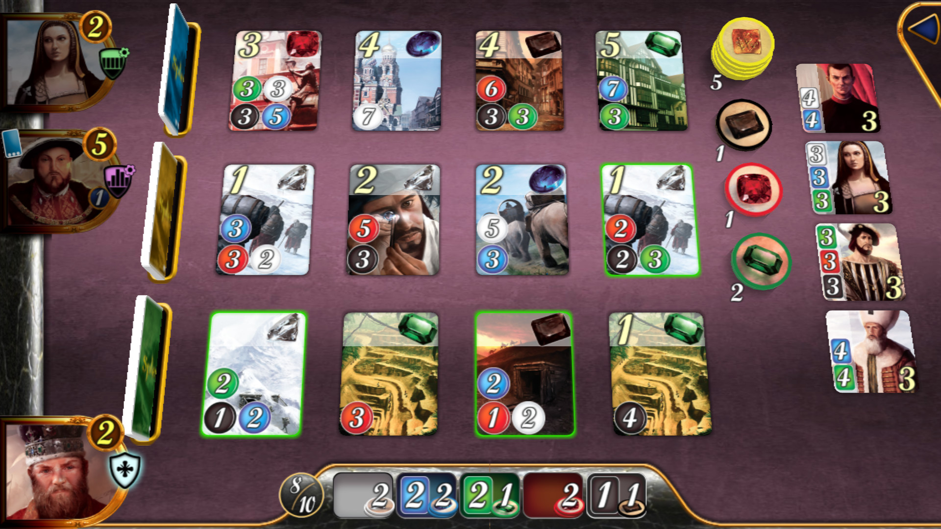 Splendor：三层四列宝石发展卡与宝石筹码、贵族卡排列，保留卡牌费用、分数与筹码颜色形状。