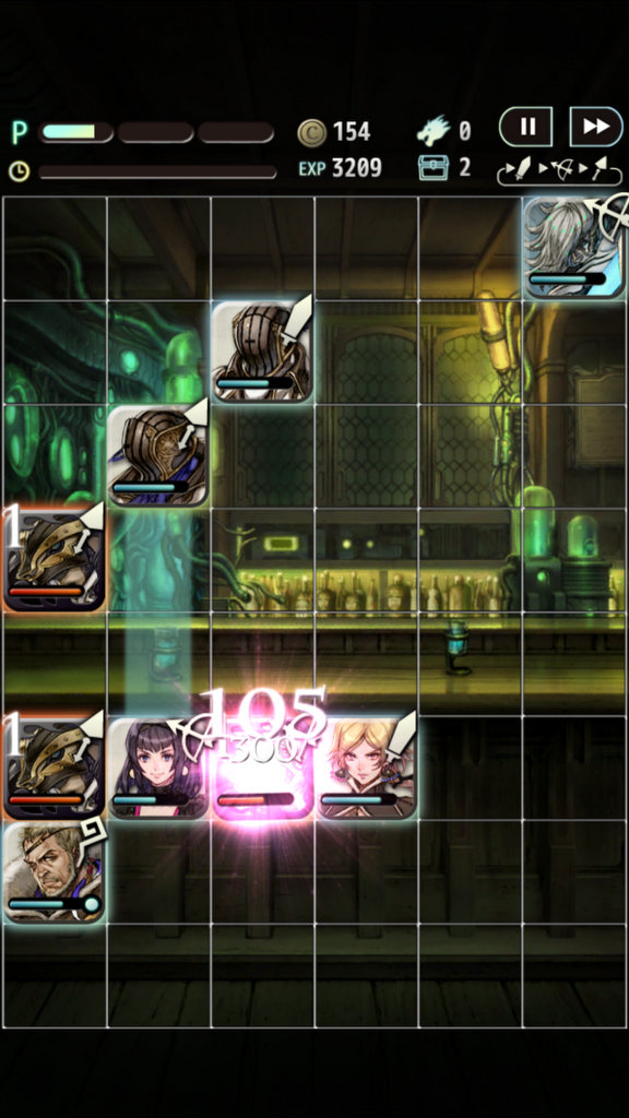 Terra Battle（初代）：6列×8行纵向棋盘，拖动角色换位，形成两侧夹击和同列同行支援。